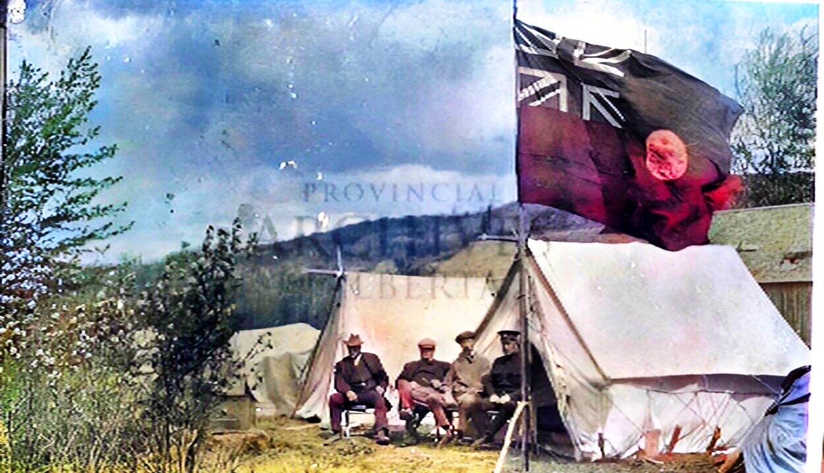 KyleEricks5458's tweet photo. Four men flying the Red Ensign somewhere in Alberta, c. 1910s. https://t.co/QvcnLtU0ln