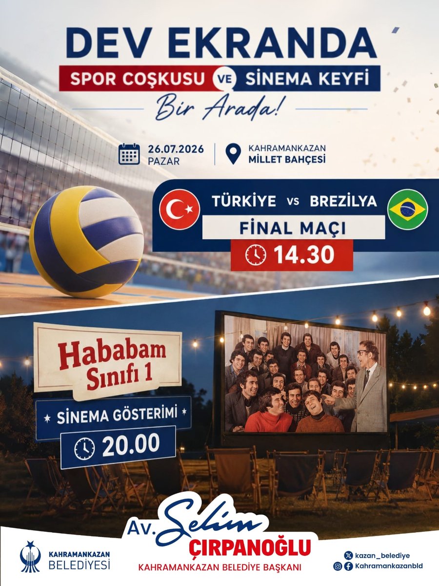 dilsad_polat's tweet photo. Bu Pazar heyecan ve nostalji Kahramankazan Millet Bahçesi'nde! 🇹🇷🏐🎬
A Milli Kadın Voleybol Takımımızın Brezilya ile oynayacağı final mücadelesini dev ekranda hep birlikte izliyor, akşam ise Hababam Sınıfı 1 ile açık havada sinema keyfi yaşıyoruz. https://t.co/VqkoXgspmT