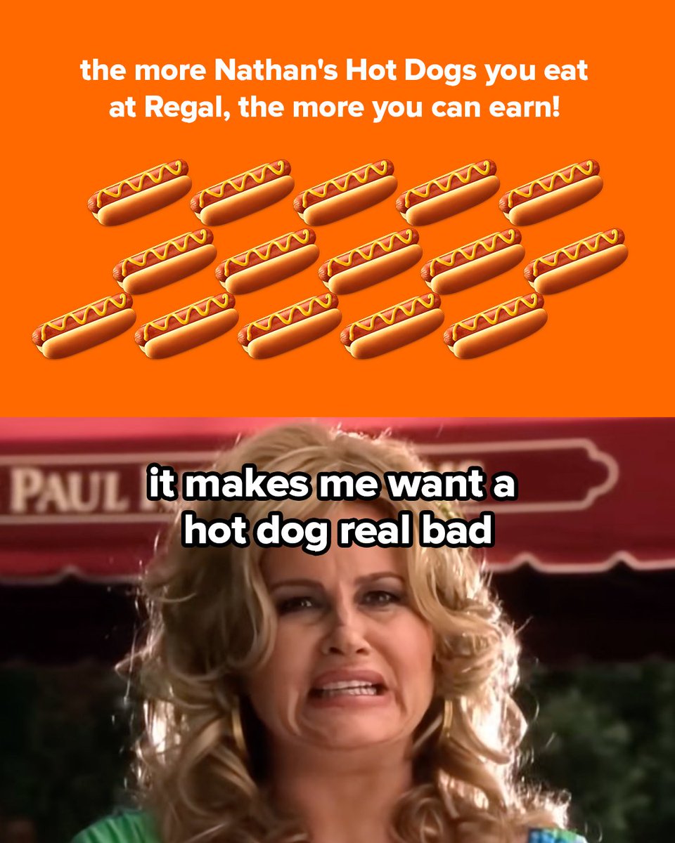 RegalMovies's tweet photo. Hot dogs are the movie snack of the summer 🤩

Buy a new ¼ lb Nathan's hot dog through August 2. Regal Crown Club members can also enter for a chance to win a trip to Coney Island.

🌭 = 1,000 bonus credits
 🌭🌭 = Sweepstakes entry
 🌭🌭🌭🌭🌭 = Your next dog is on us! https://t.co/rsvRA0XuQH
