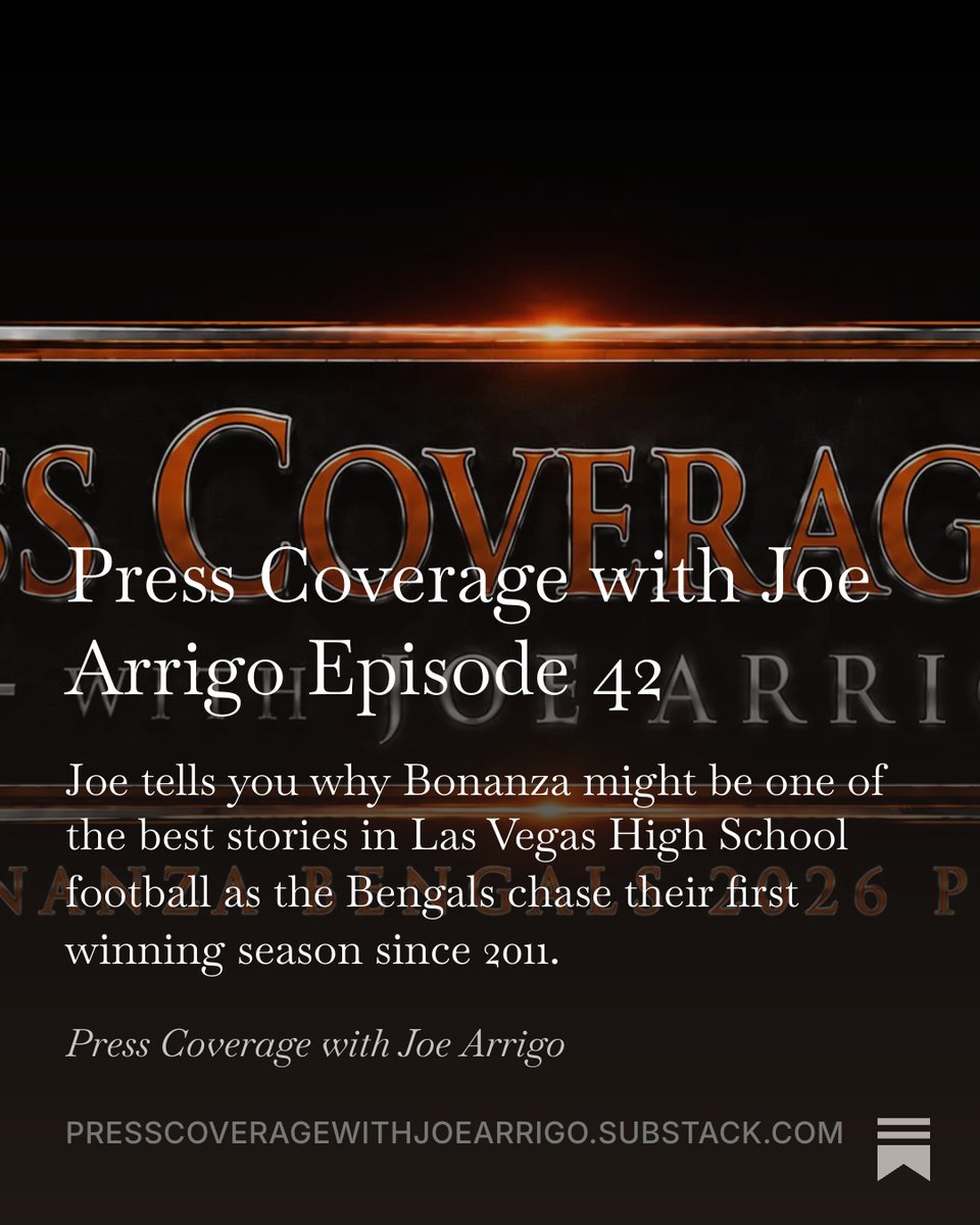 JoeArrigo_'s tweet photo. Press Coverage with Joe Arrigo Episode 42:

On this episode of Press Coverage (@pcwithjoearrigo), I tell you why @BBengalsFB  might be one of the best stories in Southern Nevada football as the Bengals chase their first winning season since 2011.

#702HSFB #LasVegasHighSchoolFootball #HighSchoolFootball #HighSchoolFootballPreview

https://t.co/agJ39ArdzQ