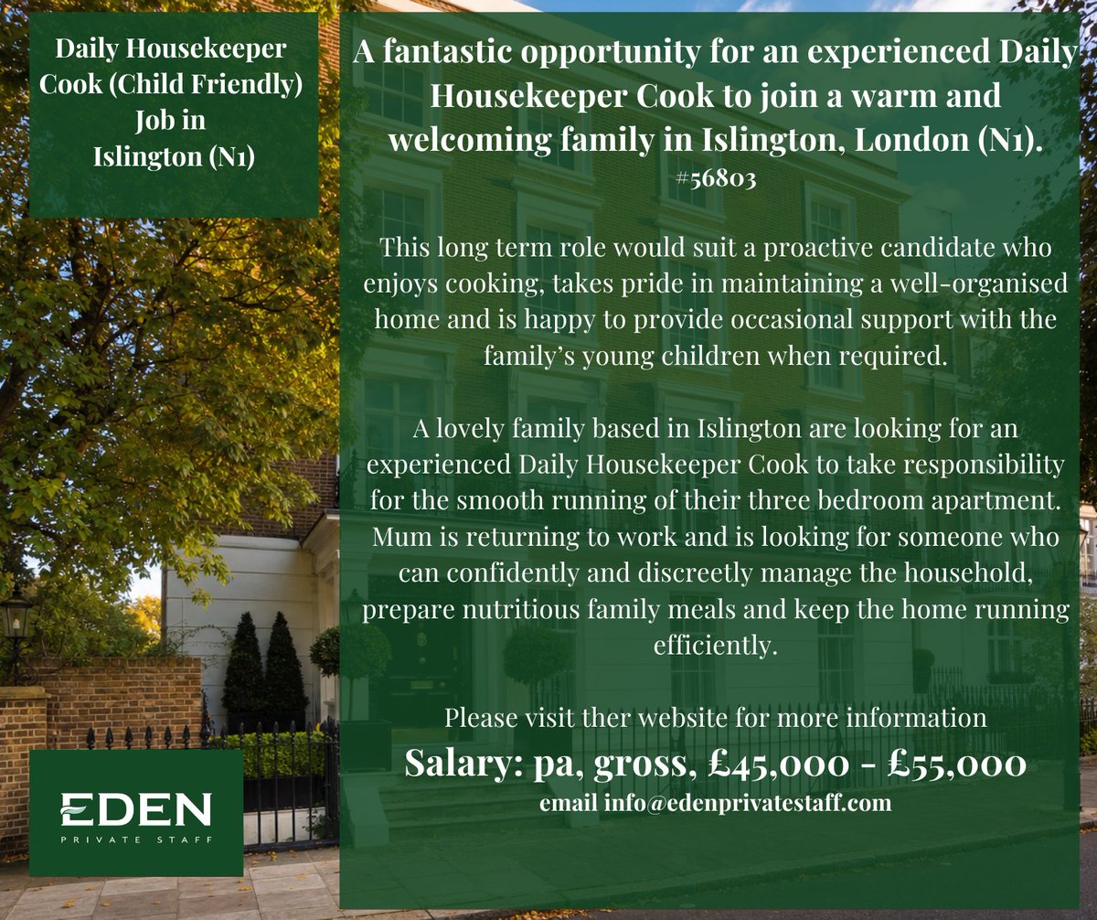 EdenPrivateStaf's tweet photo. ✨ Daily Housekeeper Cook Role in Islington, London N1 ✨

Apply here:
https://t.co/RovyKKw87k

#HousekeeperCook #IslingtonJobs #N1Jobs #LondonHousekeeper #PrivateHousehold #DomesticStaff #PrivateStaff #EdenPrivateStaff #HousekeepingJobs #FamilyCook #LondonJobs https://t.co/pmpoifuZOy