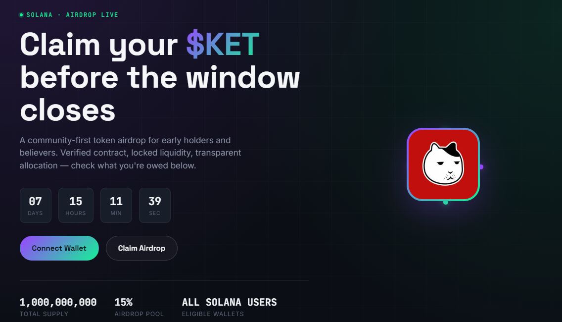 Corinne02's tweet photo. 🪂 Keep discovering new projects. 

 Ket introduces the $KET token with a memecoin coin airdrop. 

 ➡️ https://t.co/k0W7YHvD8o 

 #SOLANA $SOL $bANSEM https://t.co/VsHH9lx0HJ