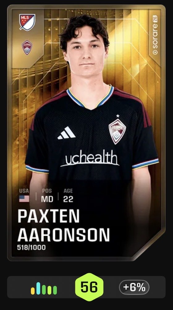MySorare's tweet photo. New signing ✅

🇺🇸 Paxten Aaronson

A young player with plenty of potential and someone I’m excited to have in the gallery.

Hoping he can take another step forward this season.

💰 Bought for €8.00

Will he score big today?

#Sorare #MLS https://t.co/zmJzAs6CMc