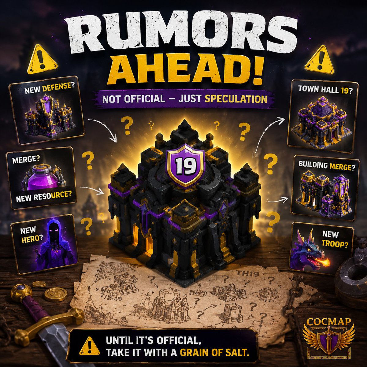 COCMap100's tweet photo. A lot of rumors are circulating about the next Clash update, but none of them are official. Until Supercell announces it, treat everything as speculation. Always wait for official news. 👀 #ClashOfClans #TH19 #Supercell #COCMAP https://t.co/ODCqzy3RPI