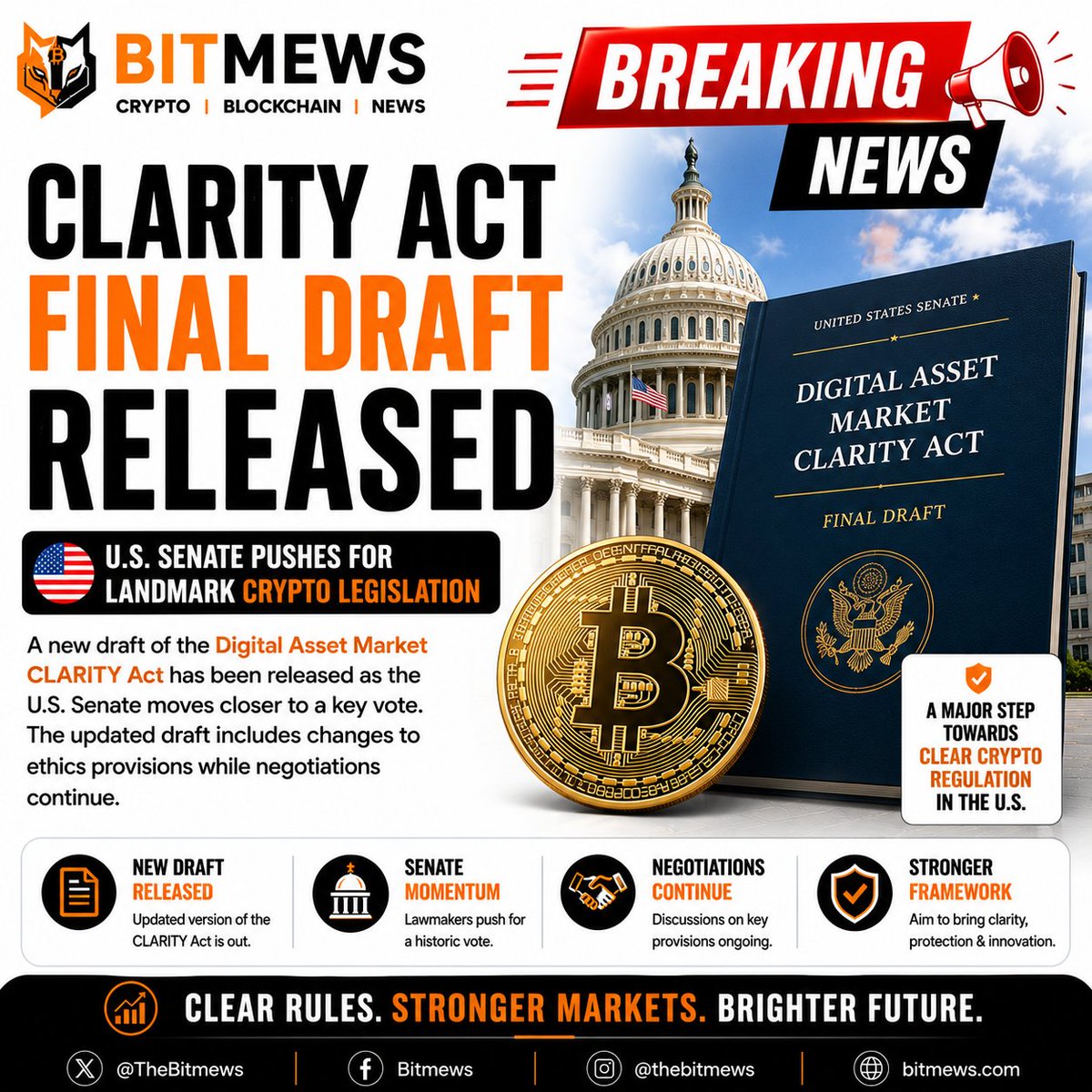 TheBitmews's tweet photo. 🚨 BREAKING: A new draft of the Digital Asset Market CLARITY Act has been released as the U.S. Senate moves closer to a landmark vote on crypto regulation.

#Crypto #CLARITYAct #Blockchain #CryptoNews #TheBitmews https://t.co/p1QLddDVNU