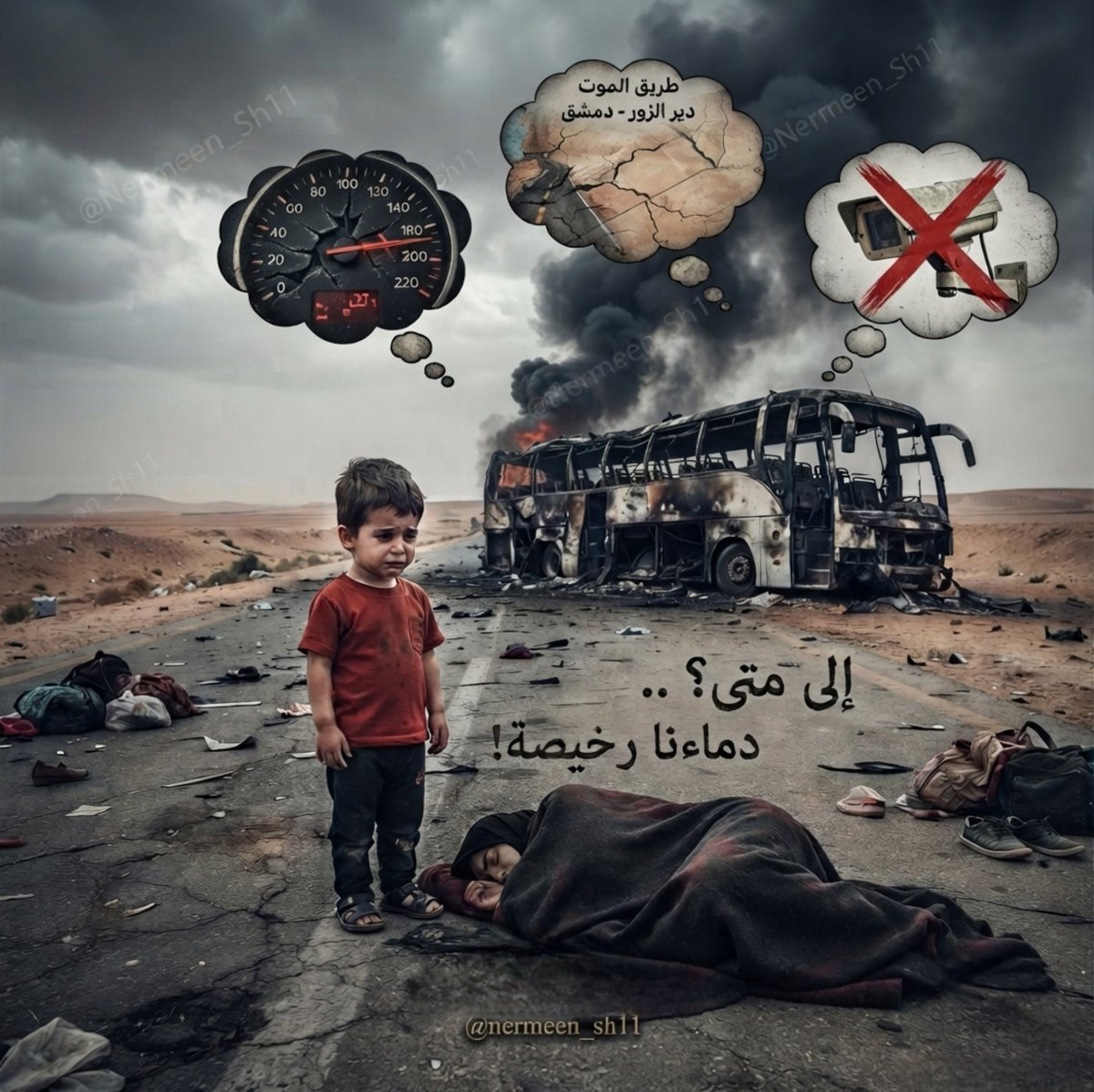Nermeen_Sh11's tweet photo. #تعميم #عاجل #هام #مشاركة

🔴 نرجو #المشاركة على أوسع نطاق لتصل #رسالتنا للجهات المعنية،

● القضية قضيتنا نحن السوريين وهذا #أمانة بأعناقنا.

- برسم السيد الرئيس #أحمد_الشرع @AH_AlSharaa

- برسم ووزارة الداخلية @syrianmoi ووزيرها السيد @Anas_Khattab_sy

- برسم وزارة النقل @SyrSMOT ووزيرها السيد #يعرب_بدر

- برسم وزارة الطوارئ والكوارث @ ووزيرها @RaedAlSaleh3

- برسم وزارة الصحة @SyrMOfH ووزيرها السيد @Musaab_Al_Ali

- برسم وزارة الإعلام @SyMOIGov ووزيرها السيد @KhaledFZaarour

- برسم وزارة الدفاع @Sy_Defense ووزيرها السيد @Murhaf_abuqasra

🔴 برسم كل المعنيين في هذه القضية 🔴

● ماذا يجب أن نطلق على طرقات السفر ‼️
طريق "الموت" أم طريق "الوطن"؟ ... دماء السوريين ليست رخيصة !

▪︎ ​إنا لله وإنا إليه راجعون ...

• بقلوب يعتصرها الألم، نعزي أنفسنا وجميع السوريين بالفاجعة الأليمة التي وقعت اليوم على طريق #دير_الزور - #دمشق،
• والتي أودت بحياة العشرات من أبنائنا وأهلنا، مدنيين وعسكريين، مخلفة وراءها أسرًا مكلومة ومشاهد يدمي لها القلب،

● ​إن الترحم والدعاء للضحايا واجب، والوقوف إلى جانب أسرهم واجب، ولكن الأهم هو المحاسبة ووقف هذا النزيف المستمر !

● ​إلى متى ستبقى الطرقات "شرياناً للموت" بدلاً من أن يكون شرياناً للحياة؟

● إن بيانات التعزية بعد وقوع الكارثة لم تعد تكفي، بل أصبحت "مسكّنات" لا تعالج المرض الحقيقي.

🔴 ​وزارة النقل والجهات المعنية أمام مسؤولية تاريخية وقانونية مباشرة، ونطالب بالآتي فوراً:

​1. إعادة هيكلة جذرية لقطاع النقل البري: ومحاسبة كل مقصر في منح تراخيص السير لحافلات متهالكة لا تصلح لنقل البشر.

​الترميم الفوري والعاجل للطرق الدولية: وخاصة طريق دير الزور-دمشق، الذي تحول إلى حفر ومطبات قاتلة بدلاً من أن يكون طريقاً سريعاً آمناً.

​2. فرض رقابة مرورية صارمة وحقيقية: لا رقابة ورقية، بل تفعيل فعلي وقاسٍ لقوانين السير، وغرامات رادعة ضد التجاوزات المزدوجة والسرعة الجنونية التي يرتكبها سائقو الحافلات والشاحنات "كأن أرواح الناس لعبة بين أيديهم".

​3. تحديث منظومة الإسعاف والطوارئ: وإنشاء نقاط طبية إسعافية مجهزة على طول الطريق الصحراوي، لضمان وصول الفرق الطبية في دقائق، لا ساعات، لتقليل الخسائر البشرية.

4. العمل على توعية السائقين عبر صفحات التواصل الاجتماعي وملاحقة كل المخالفين والمتهورين  

🔴 ​دماء السوريين أمانة في أعناقكم، وكل مسؤول لا يقوم بواجبه في حماية هذه الأرواح يجب أن يُحاسَب.

● لن نقبل بغير الأمان طريقاً لأبنائنا.

​#سورية #طريق_الموت #ديرالزور #دمشق
#سوريا #تدمر #سوريا_الجديدة #حمص
