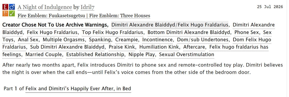 Idril7777's tweet photo. I translated two of my married Felix/Dimitri fics into English! 
 A Night of Indulgence
 Walking Willingly into the Trap

They’re about dominant and possessive Felix, shy and adorable sub Dimitri, and their very loving, very intense married sex life 💙

https://t.co/nI3OeWVUPH https://t.co/G5M9pQHpcn