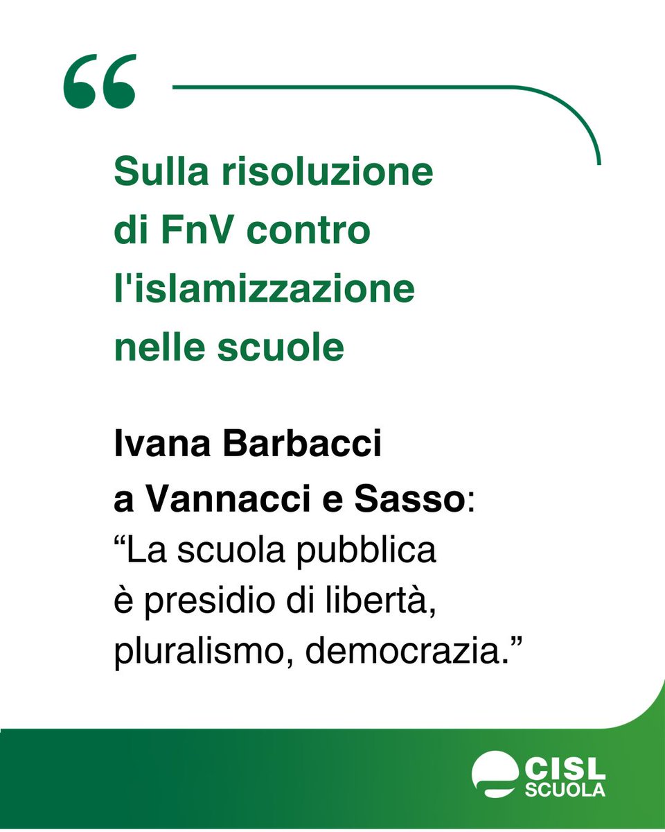 cislscuola's tweet photo. In relazione alla #risoluzione approvata il 23 luglio dalla #commissioneCultura #Scienza e #Istruzione della #CameradeiDeputati, presentata su iniziativa del movimento @FUTORONAZIONALE, che denuncia una presunta “#islamizzazione” della #scuola italiana, la segretaria generale @IvanaBarbacci ha rilasciato la seguente dichiarazione: “A #Vannacci e #Sasso vorrei ricordare che la scuola, in una società sempre più multiculturale, è luogo dell’#integrazione e del #dialogo fecondo tra culture".
Clicca il link e leggi le dichiarazioni per intero 👇https://t.co/uG6rdfGs7d

#cislscuola @Montecitorio @RoVannacci @roxsasso