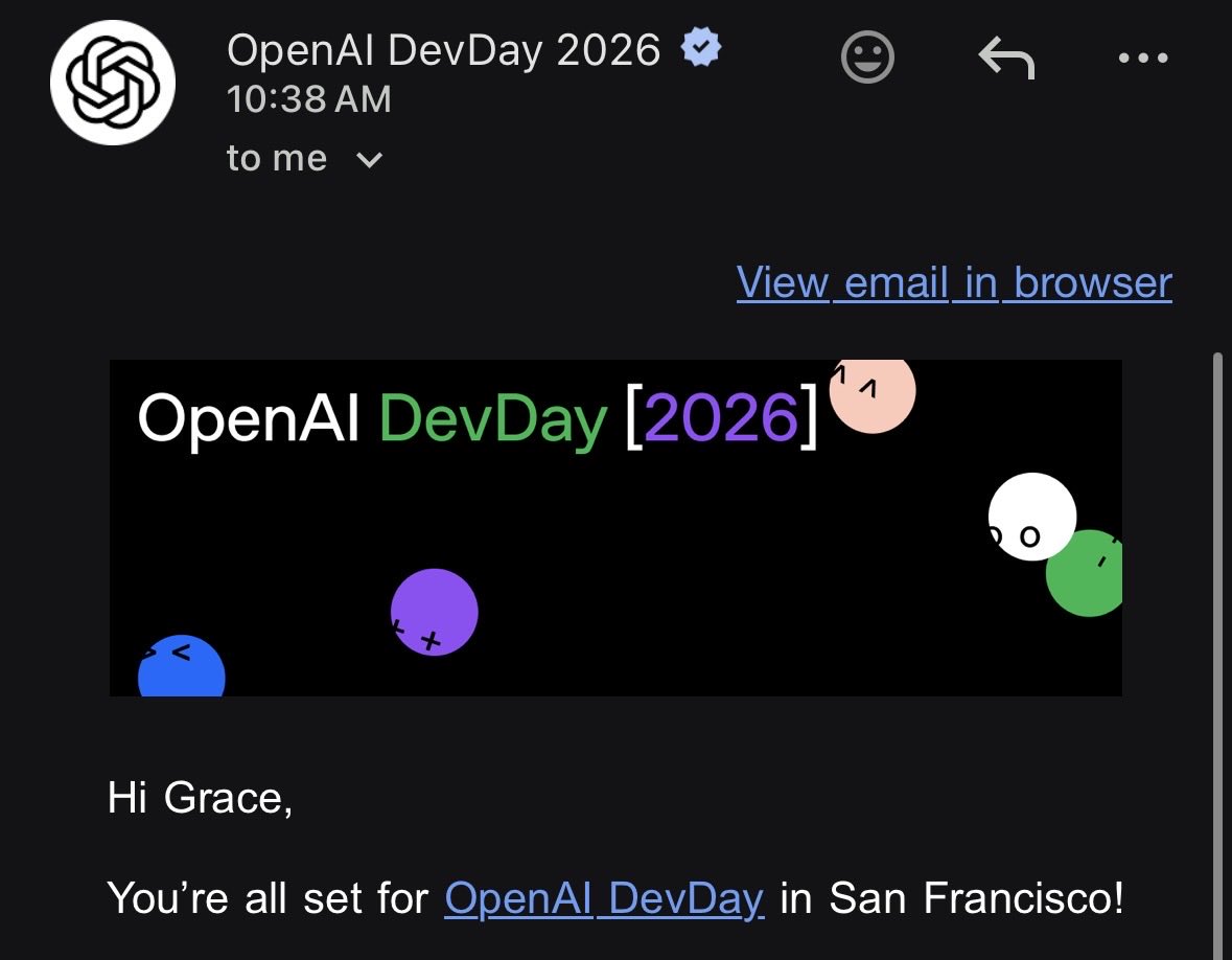 gracegong's tweet photo. Excited to be attending @OpenAI DevDay in San Francisco! Looking forward to learning from the talks, exploring what’s new across the OpenAI ecosystem, and connecting with fellow builders. If you’ll be there, say hi! 👋 https://t.co/Fl7PLjoNqX