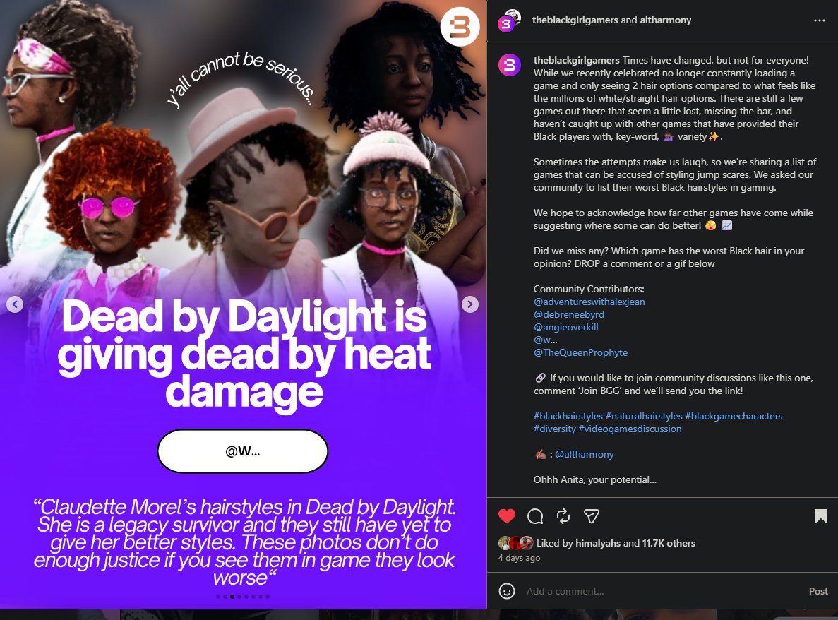 Lillipie101's tweet photo. FINALLY, more eyes are on how bad some of the black hair is in DBD😭

BlackGirlGamers my beloved, PLEASE get us some help!! 💖💖 https://t.co/rDyfm6oFV5