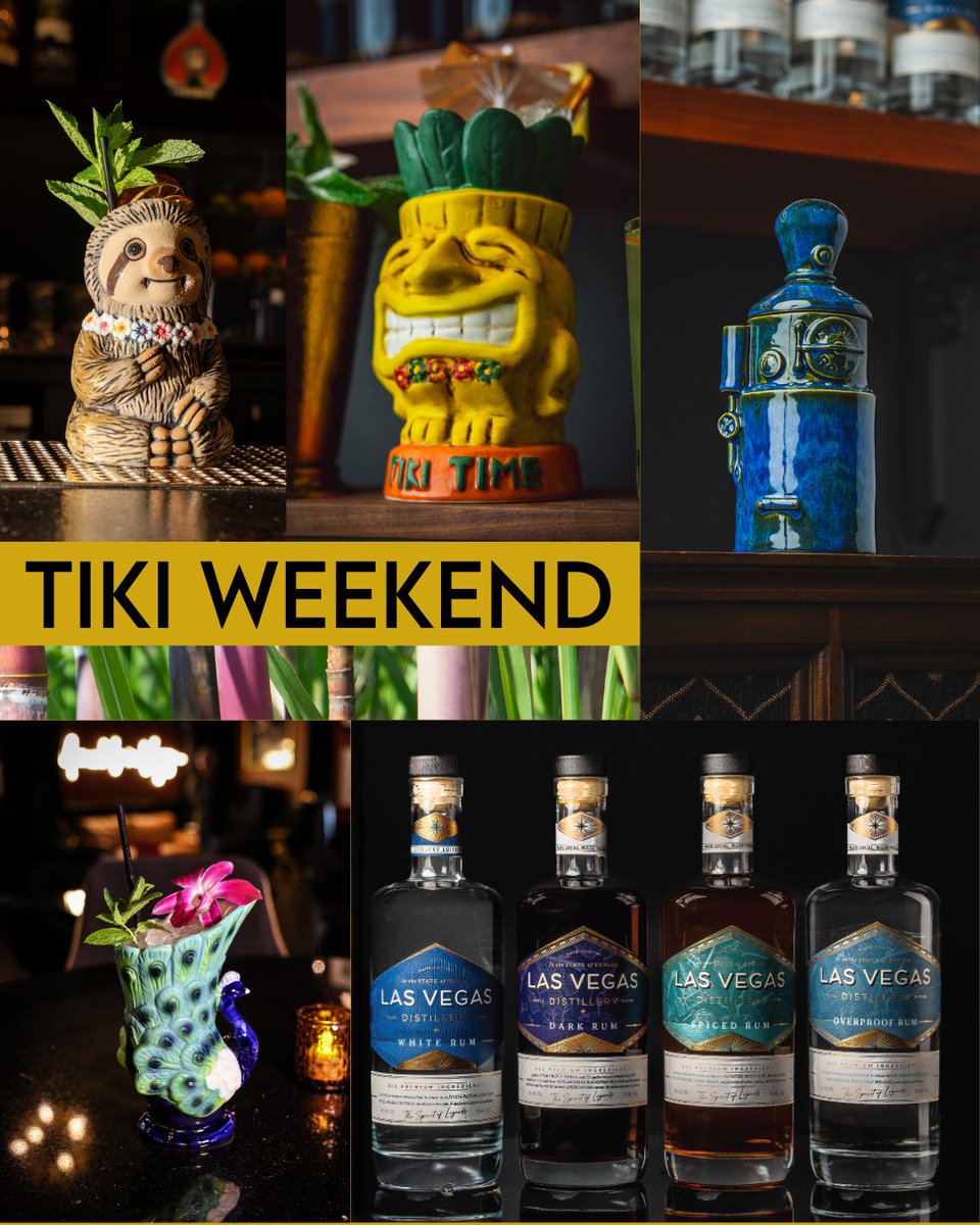 vegasdistillery's tweet photo. Escape to the tropics July 31 through August 2!  Enjoy tiki classics, island bites, live music, our new limited edition custom tiki mug, and take home our 116.2-proof Single Barrel Rum. Only ~150 bottles available, when they're gone, they're gone! https://t.co/n7w5JMSAXZ