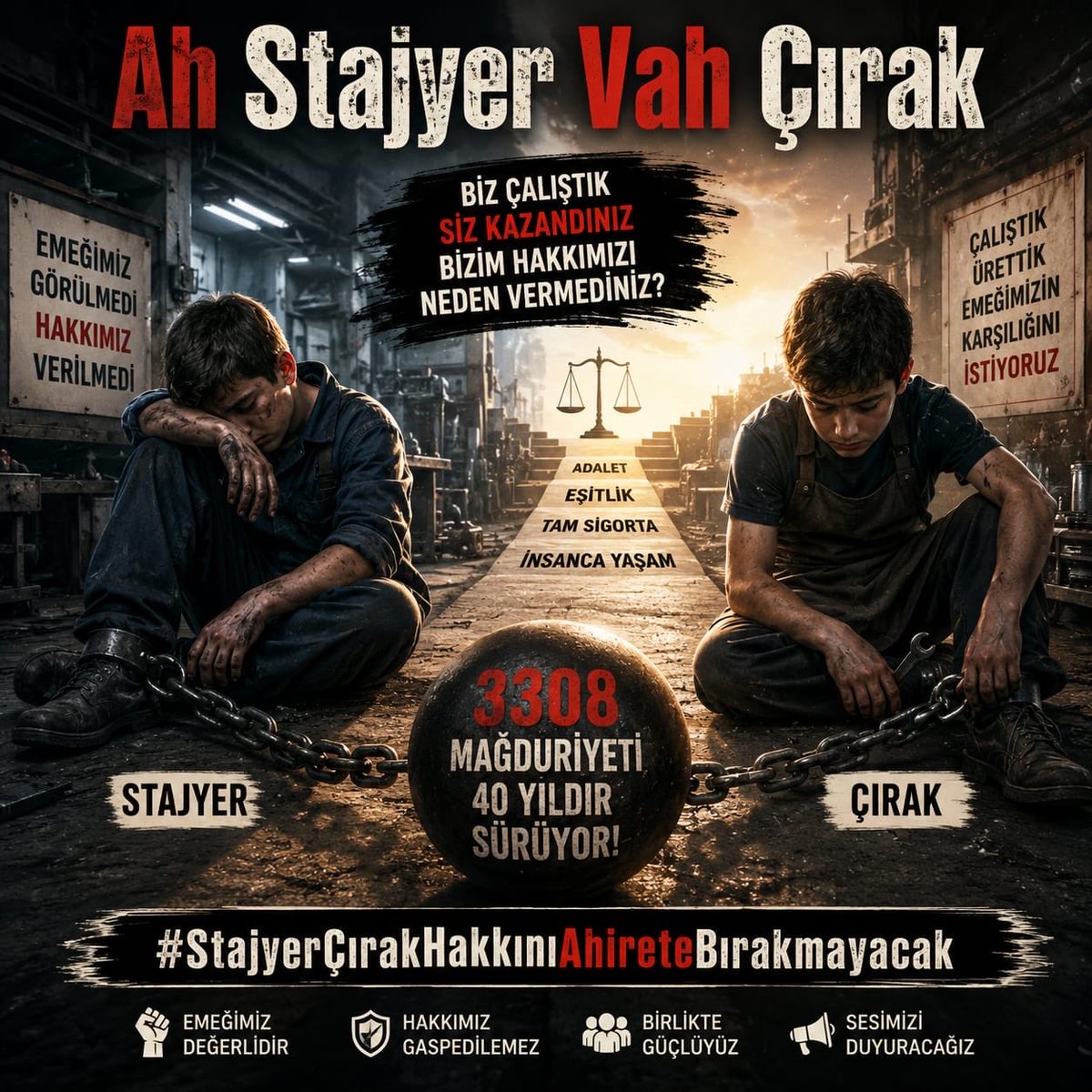 CirakStajFED's tweet photo. Kazanamadık! Çok Kaybettik! @tcmeb_mtegm Ama Sadece Biz Değil!
@Akparti
@MHP_Bilgi
@RTErdogan 
@dbdevletbahceli 
@eczozgurozel
@Yusuf__Tekin 
@tcmeb 
@isikhanvedat 
@csgbakanligi 
@memetsimsek 
@HMBakanligi 
@abakingurlek 
@iletisim 
@ypgenelmerkez
@herkesicinCHP
@iyiparti
@YeniYolTBMM
@SaadetPartisi
@GelecekPartiTR
@devapartisi
@_DemokratParti
@rprefahpartisi
@anahtarparti
@zaferpartisi
@bbpgenelmerkez
 @DSPGenelMerkez 
@BTP_Parti
@tipgenelmerkez
@dypmerkez 
@emekpartisi 
@NumanKurtulmus
@mehmetucum
@oktay_saral
@ejderacikkapi
@MahinurOzdemir
@profdrorhanates 
@MvDrHasanArslan 
@aerdemcantimur
@Korkutata_Zeki 
@isikhanvedat 
@vedatbilgn
@akbasogluemin
@NazimMavis
@leylasahinusta
@resulkurt34
@vedatbilgn
@zorlu77
@abuyukgumus

Sayın Millî Eğitim Bakanlığı Mesleki ve Teknik Eğitim Genel Müdürlüğü (MTEGM) Yetkilileri,

"Geleceğini belirleyecek tercih" diyerek vitrin süsleriyle gencecik çocukları sanayiye ve ağır üretim hatlarına davet ediyorsunuz. Peki, o parlak vitrinin arkasındaki sömürü çarkını ve eksik hakları neden gizliyorsunuz?

Siz "imkân" diyorsunuz; biz ise "ÇOK KAYBETTİK" diyoruz.

3308 sayılı Kanun ile çırak ve stajyerleri yalnızca kısa vadeli sigortaya mahkûm ettiniz; en temel hak olan uzun vadeli sigorta kollarından mahrum bıraktınız. 

Gençlerimizi, işsizlik fonundan karşılanan harçlık niteliğindeki ücretlerle, gece yarılarına kadar süren ağır mesailere mahkûm ettiniz.

Bu Tablo Yüzünden Ülkece Kaybettik:
 İnsan Hazinemizi Kaybettik: Yüz binlerce gencimiz meslek sahibi olmak yerine NEET (ne eğitimde ne istihdamda) kategorisine kaydı. Atölyeden kopan her çırak, yarın yetişmeyecek bir ustadır.

 Sanayi Gücümüzü Kaybettik: Zanaat güvencesiz bırakıldığı için derin bir "ara eleman ve beceri krizine" sürüklendik.
 Hayat Kurtaran Üretim Gücümüzü Kaybettik: Depremde milyonlarca ekmek, yemek ve çadır üreten meslek liselilerin emeği, çalışma hayatına geçişte yok sayıldı.

 Sağlık ve Hukuku Kaybettik: İş kazası veya meslek hastalığı riski tam merkezdeyken, fiilen çalışılan ilk işe giriş tarihlerimiz emeklilikte başlangıç sayılmadı.

Gelecek İçin Taleplerimiz Nettir:

3308 ve 5510 Sayılı Kanunlar Derhal Revize Edilmelidir: Çıraklık ve stajdaki ilk işe giriş tarihimiz, sigorta başlangıcı kabul edilmeli ve uzun vadeli sigorta kapsamına alınmalıdır.

Tam Koruma Sağlanmalıdır: ILO standartlarında olduğu gibi, gençlerimiz üretimin başladığı ilk günden itibaren tam sosyal güvenceyle korunmalıdır.

Geçmişin Hakkı Teslim Edilmelidir: Yıllardır atölyelerde ter döken yüz binlerce mağdurun hakkı adaletle iade edilmelidir.

Unutmayın: Bir ülke çırağını, ustasını ve üretim aklını kaybederse, ekonomik bağımsızlığını da kaybeder. Gelecek süslü sertifikalarda değil; emeğin ve zanaatin temel haklarındadır!

Staj ve Çıraklık Sigortası Mağdurları Federasyonu 🇹🇷

Ah Stajyer Vah Çırak
#StajyerçırakHakkınıAhireteBırakmayacak