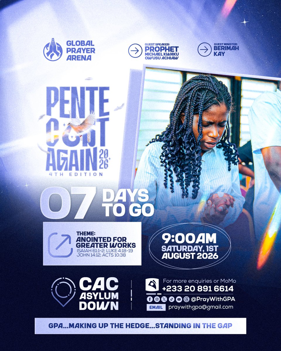 PrayWithGPA's tweet photo. 7️⃣ DAYS until destinies align with divine purpose. Come #August01 with an open heart and leave marked by God’s presence. This is where the ordinary ends and greater works begin! 🕊️🔥
#PentecostAgain
#𝐆𝐑𝐄𝐀𝐓𝐄𝐑𝐖𝐎𝐑𝐊𝐒
#GlobalPrayerArena
#MakingUpTheHedge
#StandingInTheGap https://t.co/ugy0hOtMUe