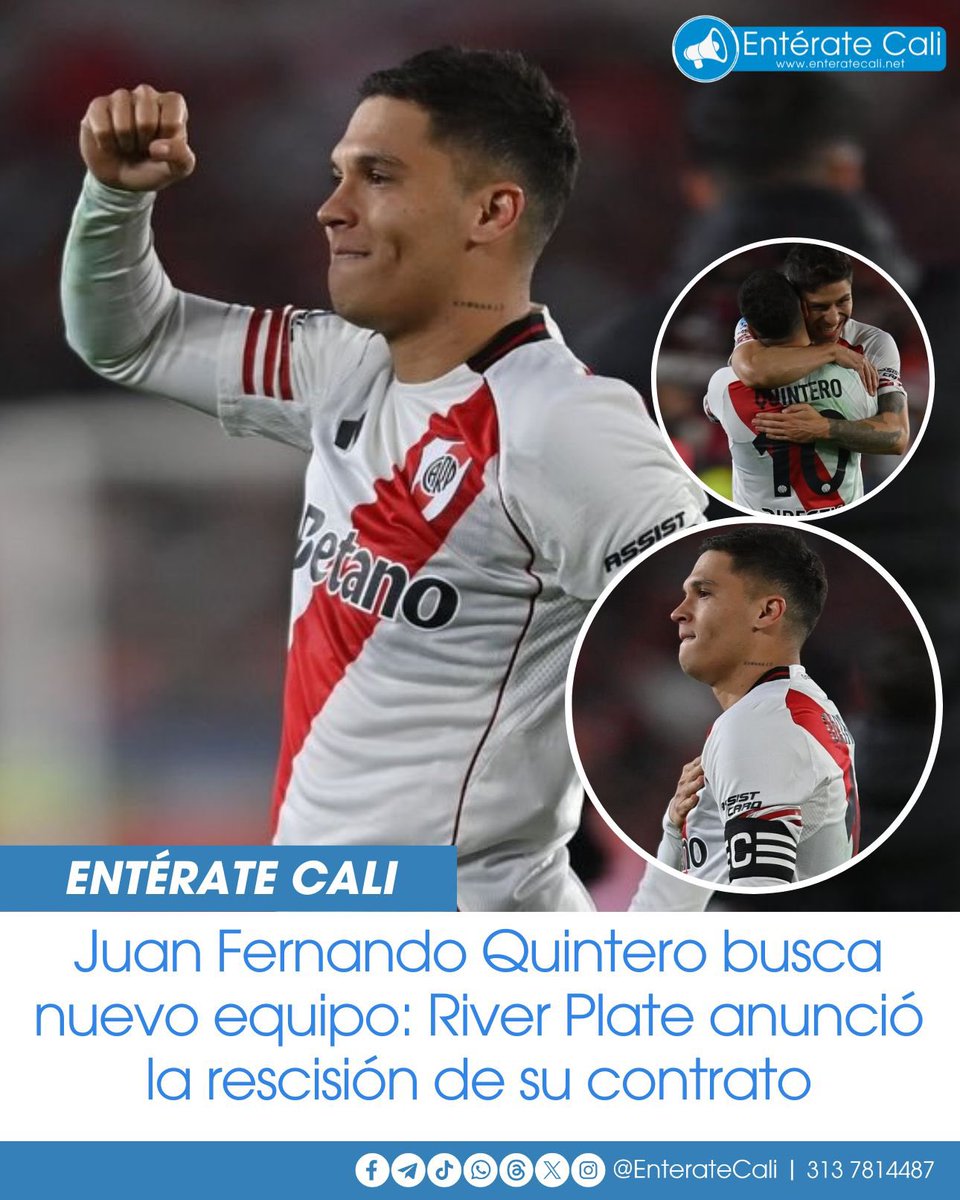 EnterateCali's tweet photo. River Plate y Juan Fernando Quintero anunciaron que, por mutuo acuerdo, rescindieron el contrato del jugador colombiano en la noche del viernes 24 de julio. 

"El Club Atlético River Plate y Juan Fernando Quintero acordaron de común acuerdo la rescisión del vínculo contractual", comunicó la institución.

También resaltaron "el talento de Juanfer y su aporte fundamental en el momento más decisivo quedarán para siempre en la historia grande del club, que se convirtió en su casa durante todos estos años compartidos". 

Todo esto se da en un momento de tensión, debido a que Juanfer, hace unos días, había dicho públicamente que su continuidad en River estaba en duda por las diferencias con el entrenador Eduardo 'Chacho' Coudet. 

Con esta desvinculación, Quintero es agente libre y podrá negociar con cualquier equipo. 🤍❤️⚽