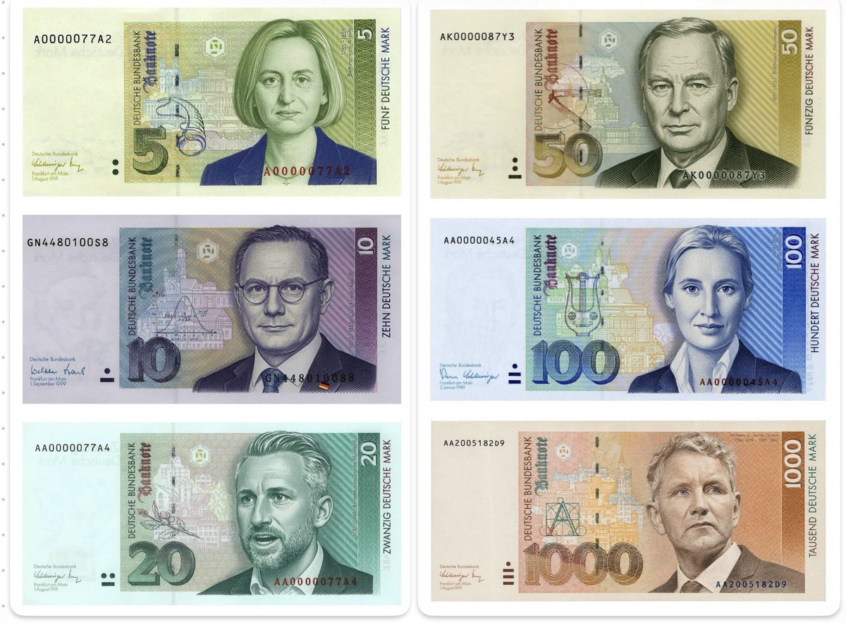 SamJonesNew's tweet photo. Mein Vorschlag für neue Geldscheine in Deutschland 😎 #EZB #DeutscheMark #AfD (Ki-Bild) https://t.co/HHrc9RLQpA