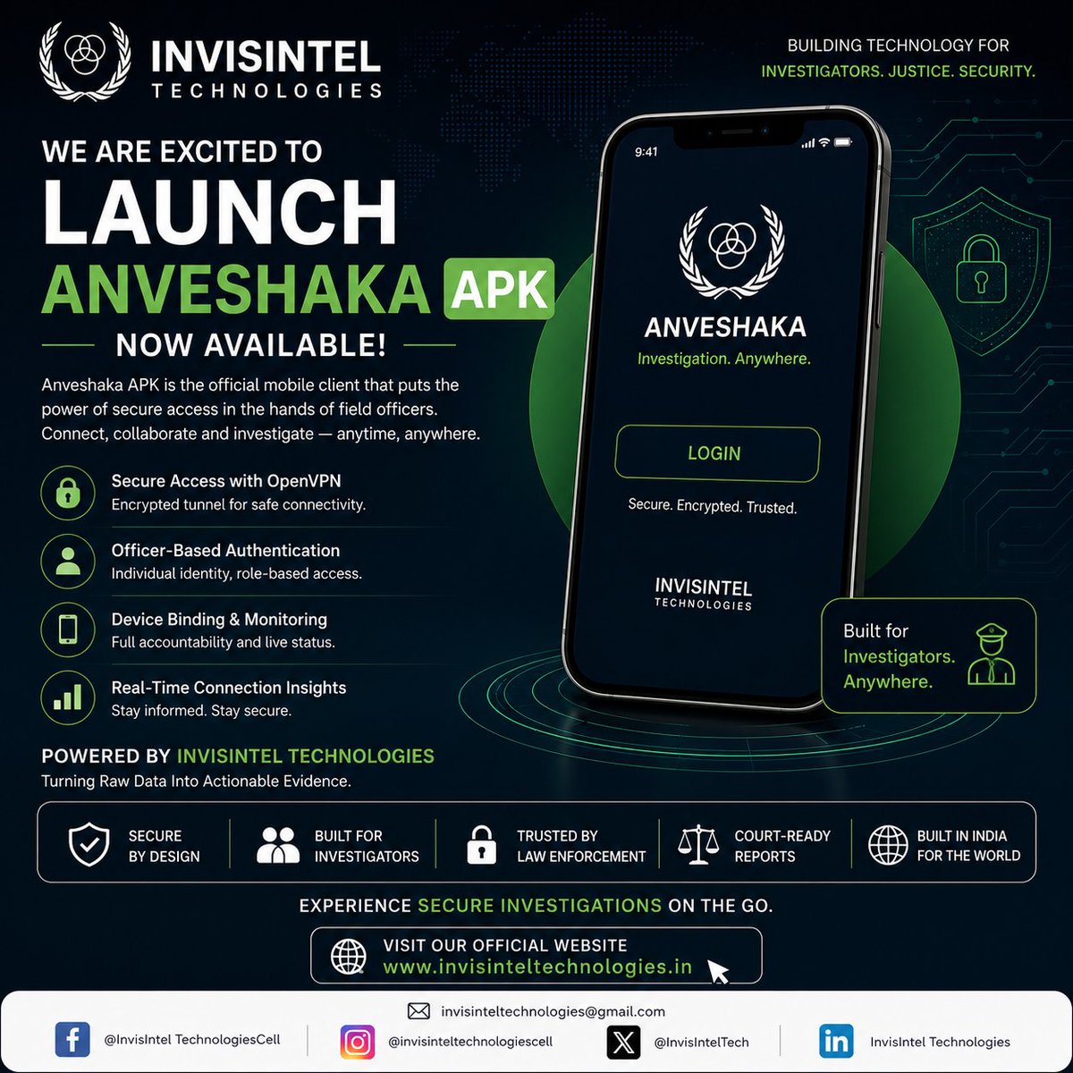 InvisIntelTech's tweet photo. Proud to introduce Anveshaka APK—secure, encrypted, and built for investigators. Empowering field operations with trusted access, real-time insights, and court-ready reporting. Technology designed for justice, security, and accountability. #Anveshaka #CyberSecurity https://t.co/i5DmJNRfE7