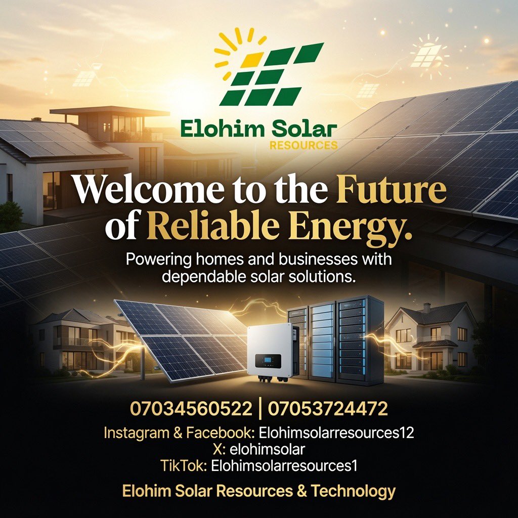 ElohimSolar's tweet photo. ☀️ Power You Can Count On

Every blackout is a reminder that you deserve a better energy solution.

📞 07034560522 | 07053724472

#ElohimSolar #SolarNigeria #RenewableEnergy #GoSolar #CleanEnergy #Inverter #LithiumBattery https://t.co/Myn1R5vddh