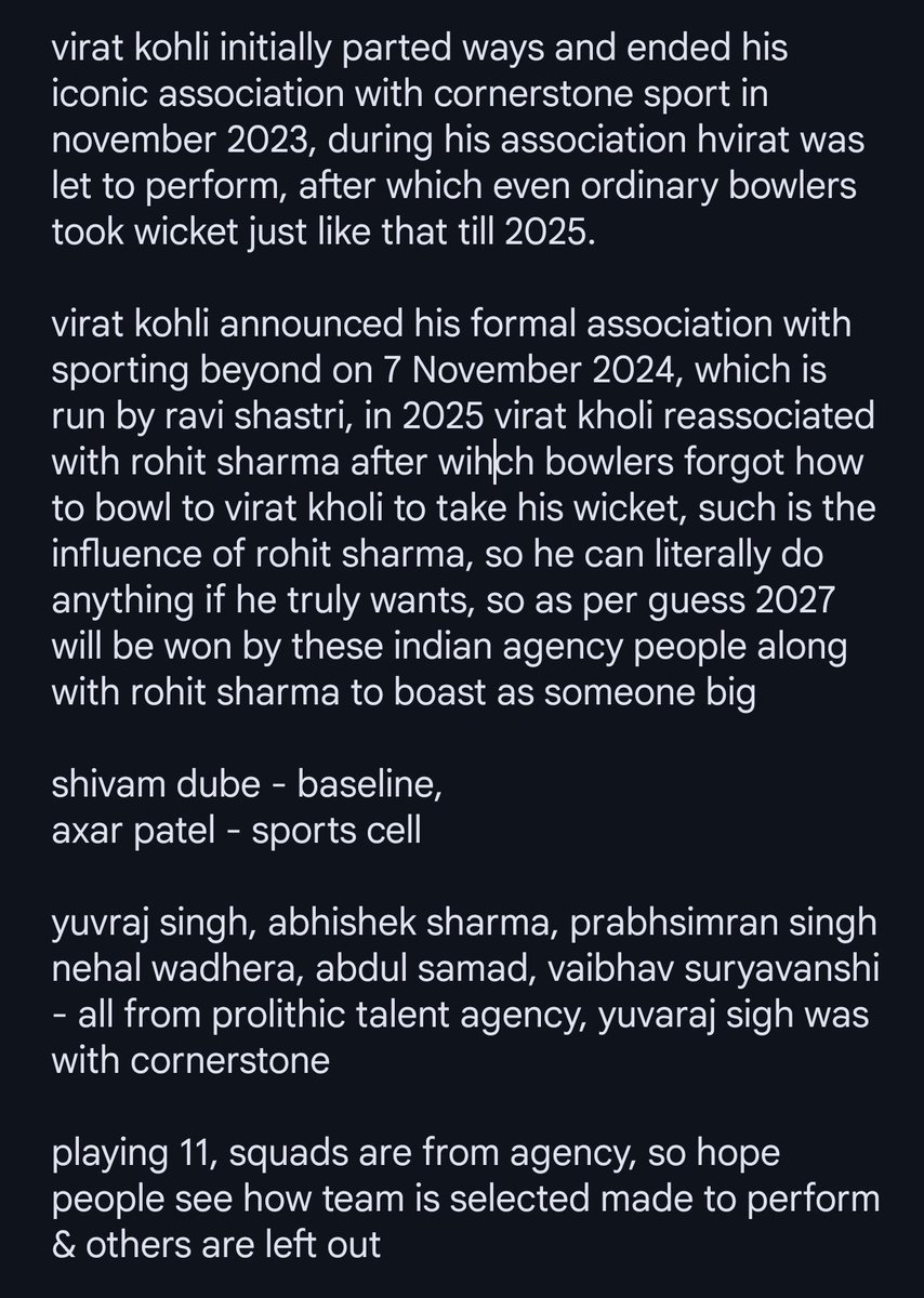 check4alls's tweet photo. doest he knows the reason why they are supported they are part of the agency & you guys know who's running it 

not selecting sanju samson in the odi format is bad for indian cricket, he did well in the limited 14 innings that was given, he will played well in odis in every opportunity, give sanju samson the opportunity he will show his class & experience doesn't matter to him, he has been oppressed, sidelined, victimized, deprived, he is a deserving player to play for india in odis. since people are telling what other overseas players tell, most of them told h s playing proper cricket shots with normal bats & not like the corcked ones used by few

sanju samson also deserved the same kind of support from our selection committee, senior players, retired players, and agency guys. he has played well from the age of 13, and even now he is not being selected in odis. sanju samson has been sidelined for 12 years. he has played dale steyn, malinga, bhuvneshwar kumar, and bumrah really well. probably these agency guys might drug him, injure him, or spoil his health, or just keep him aside so that they don’t give him chances. if he is in the team, they might run him out or give strategies to the opposition team to get sanju samson out. such are the agencies.

sanju samson needs to be in the odi playing 11 of india he will be an asset and help india win more matches, with his style of play & class he will show experience which was deprived, oppressed to him with less chances is irrelevant, his comeback to odi indian team & help india will make masses to watch the match help cricket grow