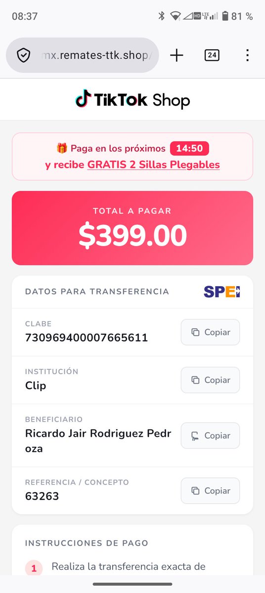 alirimarcelis's tweet photo. @TiktokMxc Hoy en la mañana me estafaron en su tienda. Hice una compra y el pedido no aparece, pagué con spei. https://t.co/AgO0uG2iTv
