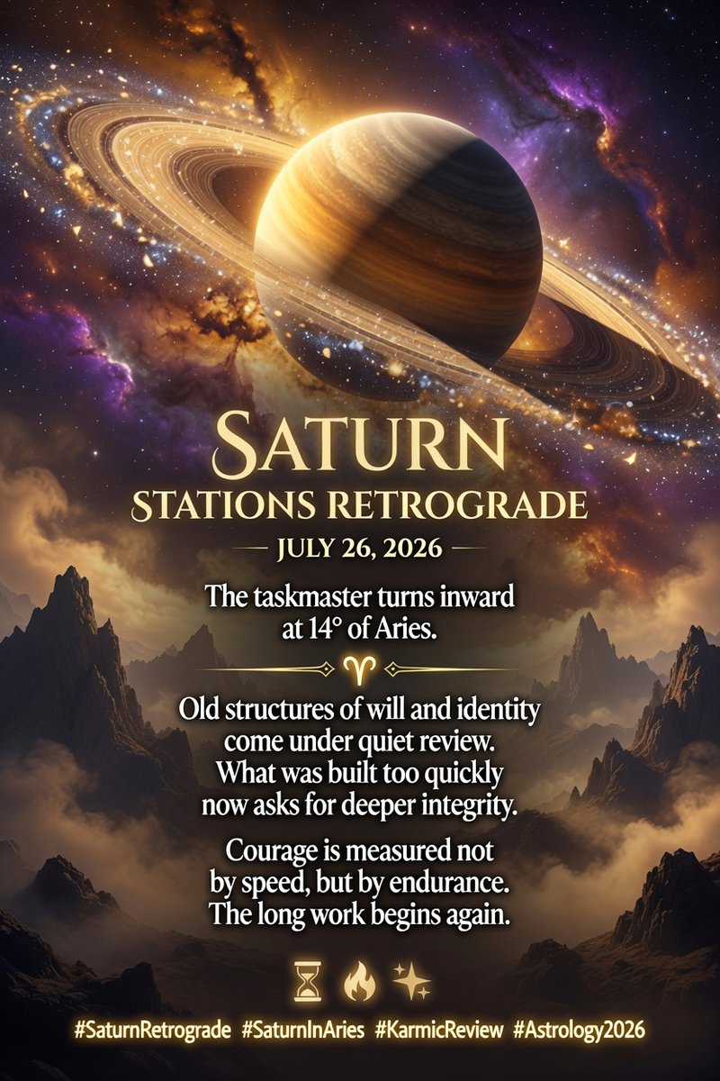 ArcaneArk369's tweet photo. #Saturn stations retrograde — July 26, 2026.

The taskmaster turns inward at 14° of Aries.
Old structures of will and identity come under quiet review.
What was built too quickly now asks for deeper integrity.
Courage is measured not by speed, but by endurance.

The long work begins again. ⏳🔥✨

#SaturnRetrograde #SaturnInAries #KarmicReview #Astrology2026