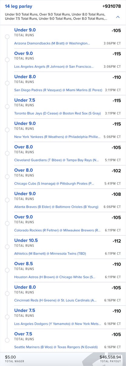 thepropdealer's tweet photo. My model has two more parlays for today.

Our Spreads Parlay cashed TWELVE legs yesterday...

⚾️ Totals @ +931,000
💵 $5 pays $47,000
🔗 https://t.co/3gk9EnHf4o

⚾️ Moneylines @ +318,000
💵 $5 pays $16,000
🔗 https://t.co/hp1vBdFkUl

Let's go perfect tonight 🧹 https://t.co/QjpwfGeZD1
