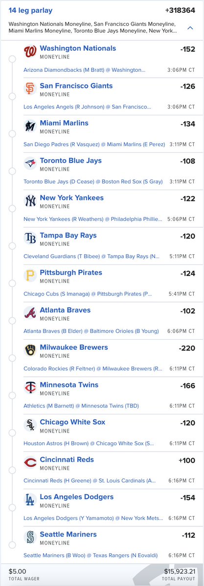 thepropdealer's tweet photo. My model has two more parlays for today.

Our Spreads Parlay cashed TWELVE legs yesterday...

⚾️ Totals @ +931,000
💵 $5 pays $47,000
🔗 https://t.co/3gk9EnHf4o

⚾️ Moneylines @ +318,000
💵 $5 pays $16,000
🔗 https://t.co/hp1vBdFkUl

Let's go perfect tonight 🧹 https://t.co/QjpwfGeZD1