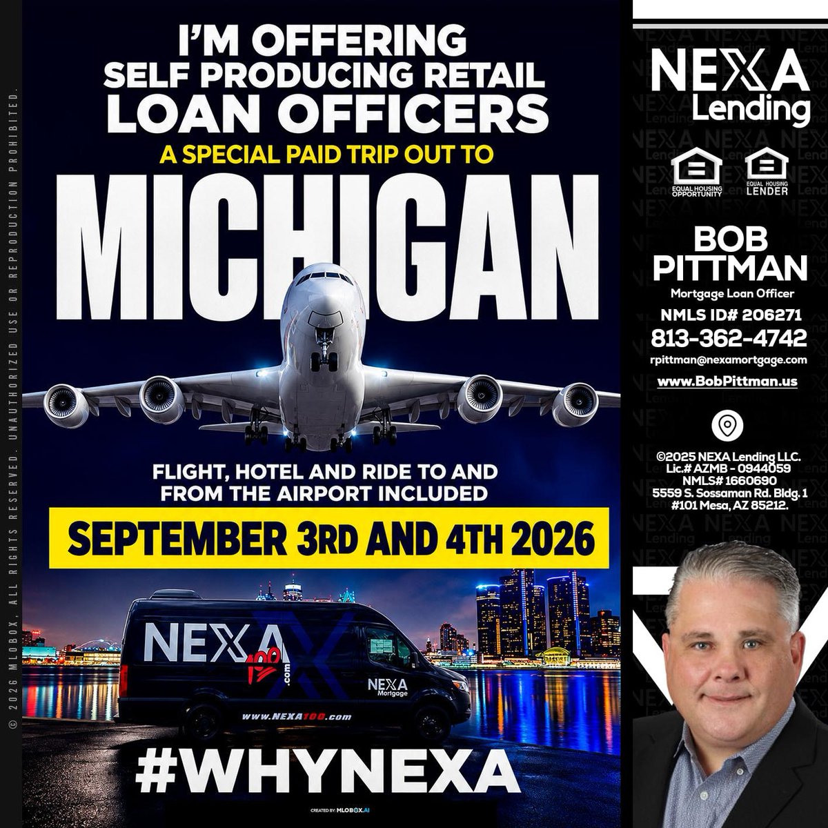 BobPittmanMort's tweet photo. Join us for an all-expenses-paid trip to Michigan! ๐ Flight, hotel, and transfers included on September 3rd & 4th, 2026. Don't miss out! #WhyNexa #LoanOfficers #MichiganTrip
๐ง rpittman@nexamortgage.com
๐ 8133624742 https://t.co/AJ5PRrsdaJ