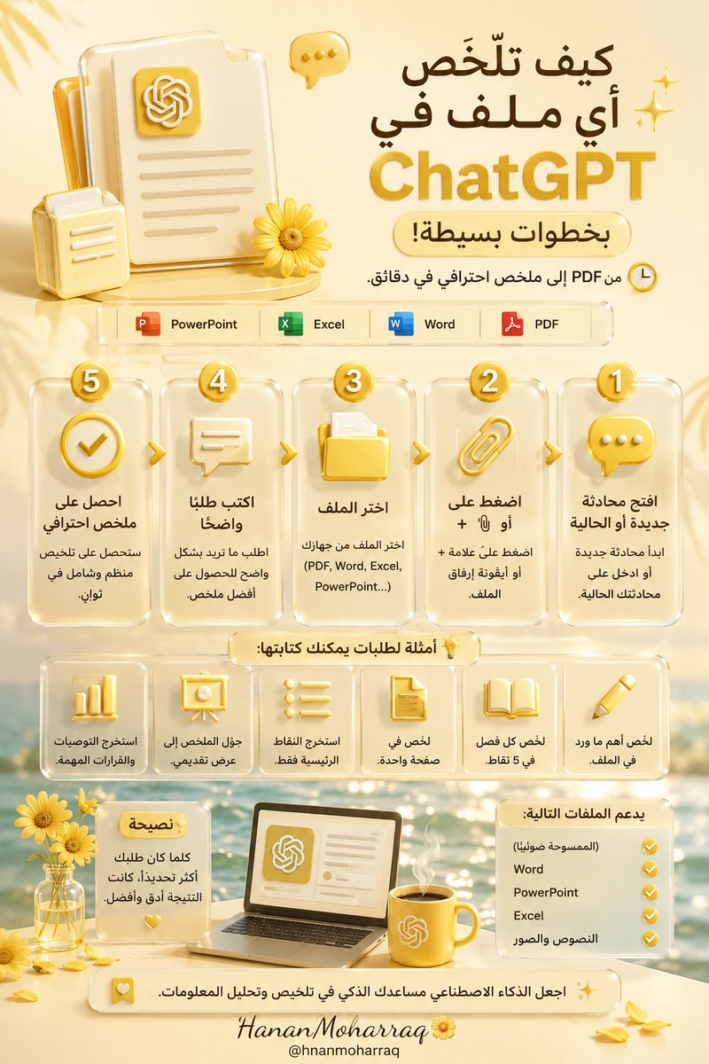 hnanmoharaq's tweet photo. ✨ هل تعلم أنك تستطيع تلخيص أي ملف في ChatGPT خلال دقائق؟

سواء كان الملف:
📄 PDF
📝 Word
📊 Excel
📽️ PowerPoint

فالطريقة بسيطة جدًا:
1️⃣ افتح محادثة جديدة أو الحالية.
2️⃣ اضغط على زر + أو 📎 لإرفاق الملف.
3️⃣ اختر الملف من جهازك.
4️⃣ اكتب طلبًا واضحًا، مثل:
• لخص أهم ما ورد.
• استخرج النقاط الرئيسية.
• حوله إلى إنفوجرافيك.
• اكتب ملخصًا في صفحة واحدة.
5️⃣ احصل على ملخص احترافي في ثوانٍ.

💡 كلما كان طلبك أكثر تحديدًا، كانت النتيجة أدق وأفضل.

احفظ الإنفوجرافيك للرجوع إليه، وشاركه مع من يستفيد منه. 

ولمن يرغب في الاطلاع على طرحٍ آخر مميز حول الفكرة نفسها، أنصح بمتابعة @alotaibiai3 ستجدون فيه أيضًا معلومات مفيدة تستحق الاطلاع.

#ChatGPT #الذكاء_الاصطناعي #تلخيص_الملفات #التعليم #الإنتاجية