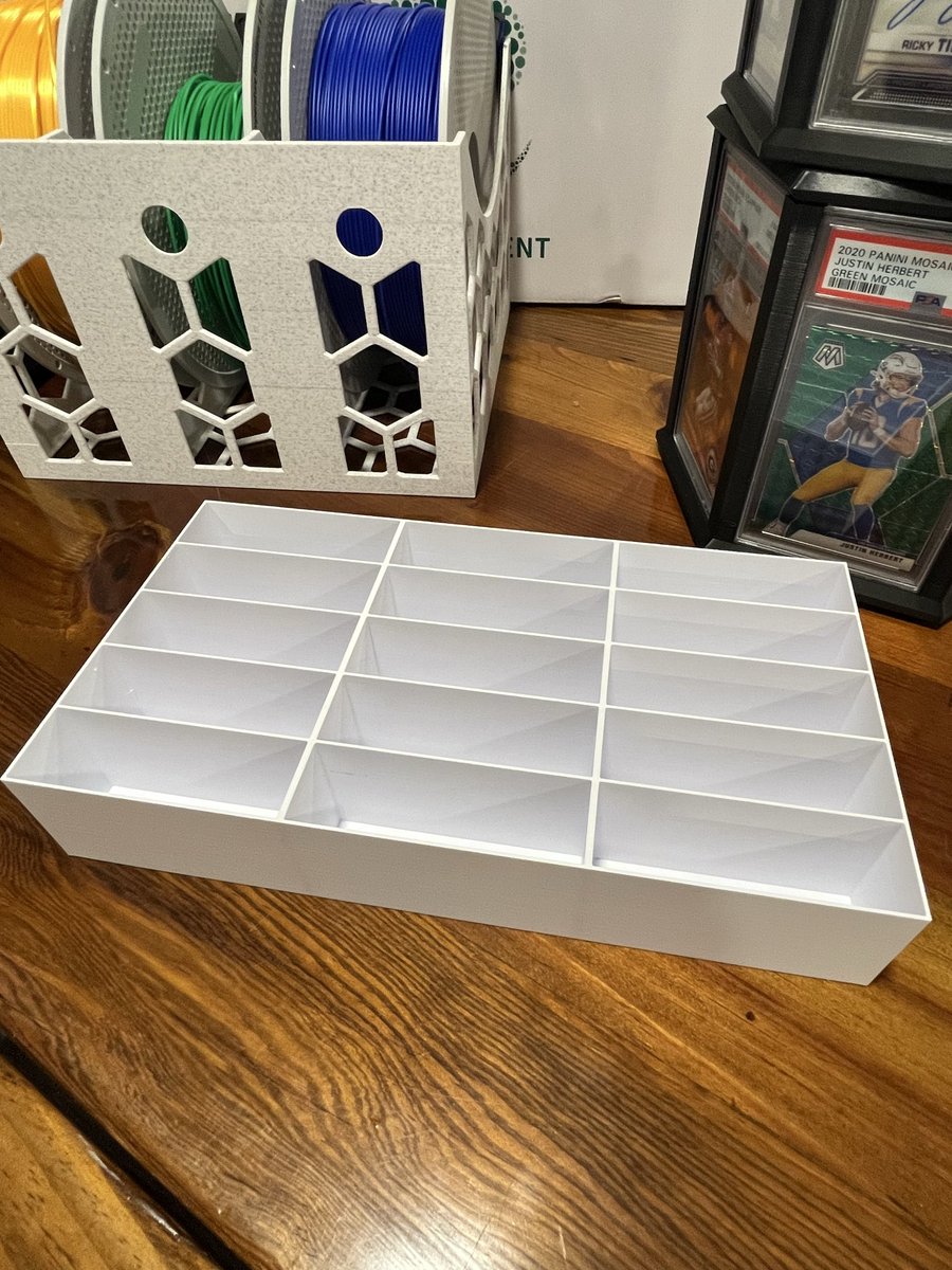 kdhobbyco's tweet photo. And finally a simple design but something necessary for all collectors - a card sorting &amp; storage tray. 15 compartments wide enough to fit raw, sleeved and top loaded cards. Available in a few colors https://t.co/4gTAIdta6n