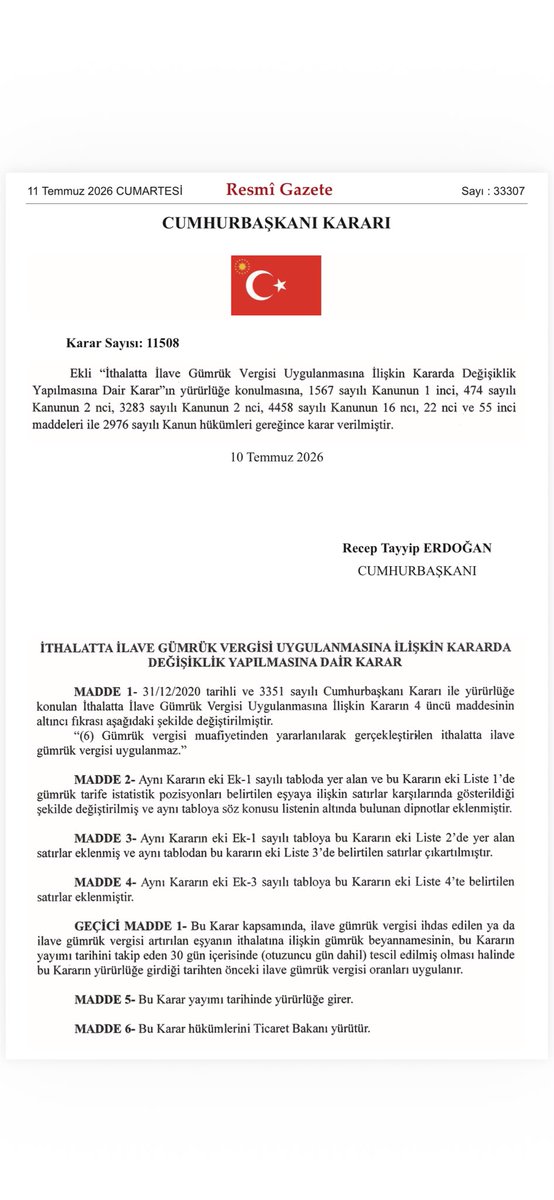 _ForTrade_'s tweet photo. Resmî Gazete'de 33307 sayılı 11 Temmuz 2026 tarihinde 11508 numaralı Cumhurbaşkanlığı Kararnamesi ile yayınlanan karara istinaden,
8507.60.00.00.21 GTİP kodunda yer alan Lityum demir fosfat (LFP) tabanlı ve gerilimi 4,9 Volt'u geçmeyen akümülatörlerin ithalatında ilave gümrük vergisi %0 olarak belirlendi. Bu istisna uygulaması 31 Aralık 2026 tarihine kadar geçerli olacak.