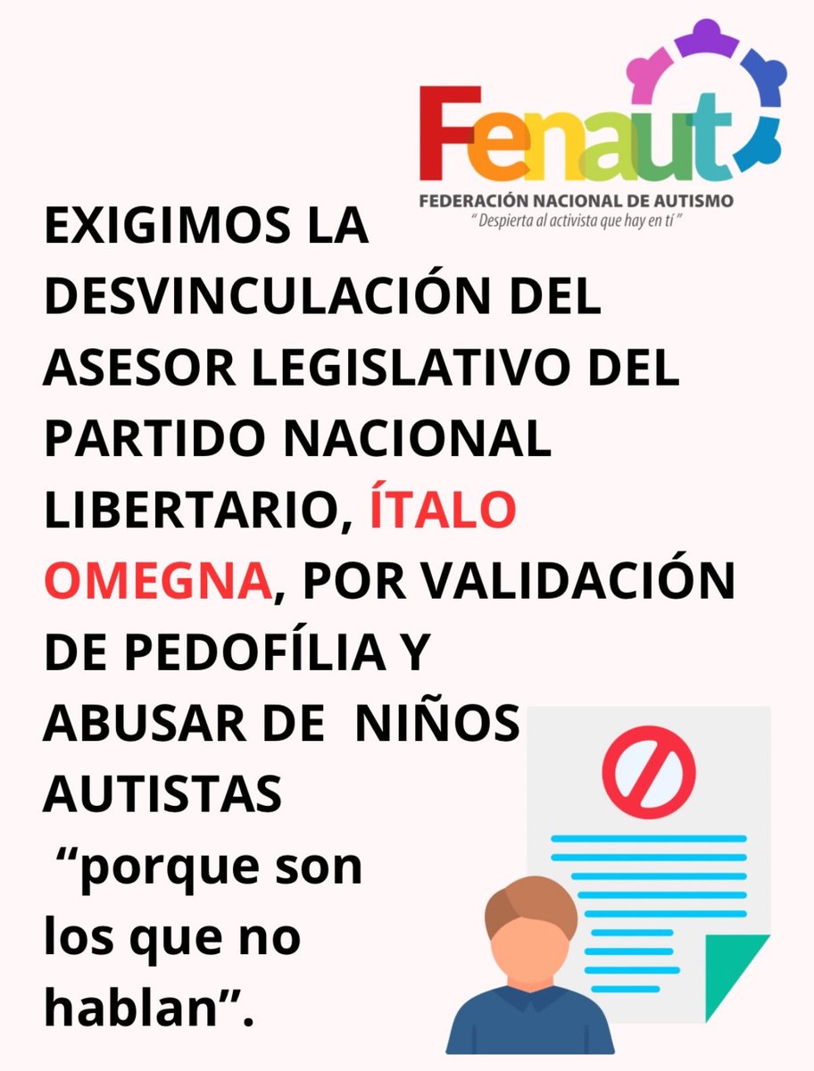 CrisValdiviaO's tweet photo. Comparto y difundo declaración de FENAUT Federación Nacional de Autismo Federación Nacional de Autismo respecto del video difundido de militantes del Partido Nacional Libertario y el asesor parlamentario de su bancada Italo Omegna sobre pedofilia y NNA con autismo. 1/3 https://t.co/MTUVN54GT9