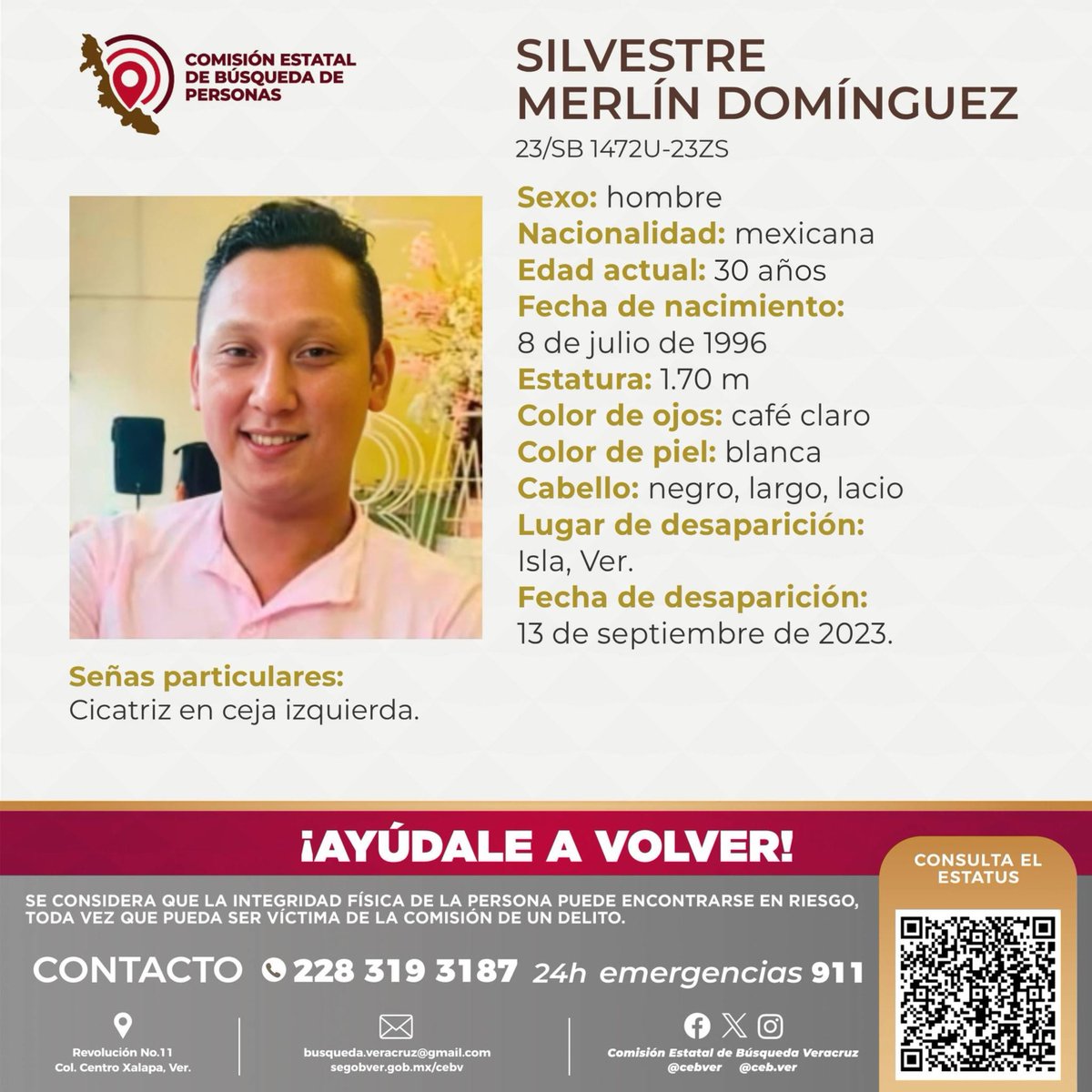 cebver's tweet photo. Solicitamos su colaboración para localizar al C. Silvestre Merlín Domínguez, cualquier información, contactar al número y/o correo que aparecen al margen de este boletín. 
#Isla #Catemaco #Cosamaloapan #Veracruz https://t.co/TkJ2A8lUGy