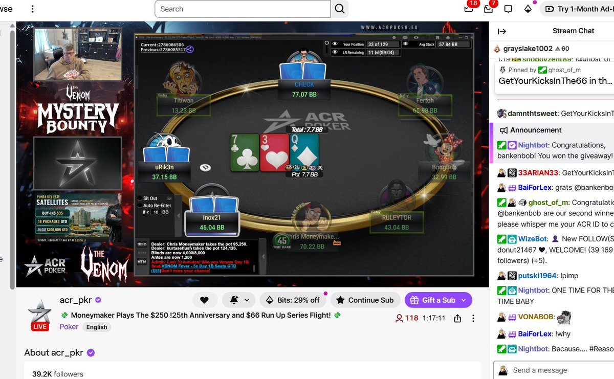 ACR_POKER's tweet photo. The man. The myth. The legend… and yeah, sometimes the Bubblemaker 😅

ACR Team Pro Chris Moneymaker is LIVE on Twitch right now playing the $250 buy-in $2.5M GTD 25th Anniversary Flight...plus a full slate of tournaments.

He’s also dropping tickets to the chat 👀
(link in comments)  @CMONEYMAKER 
#acrpoker