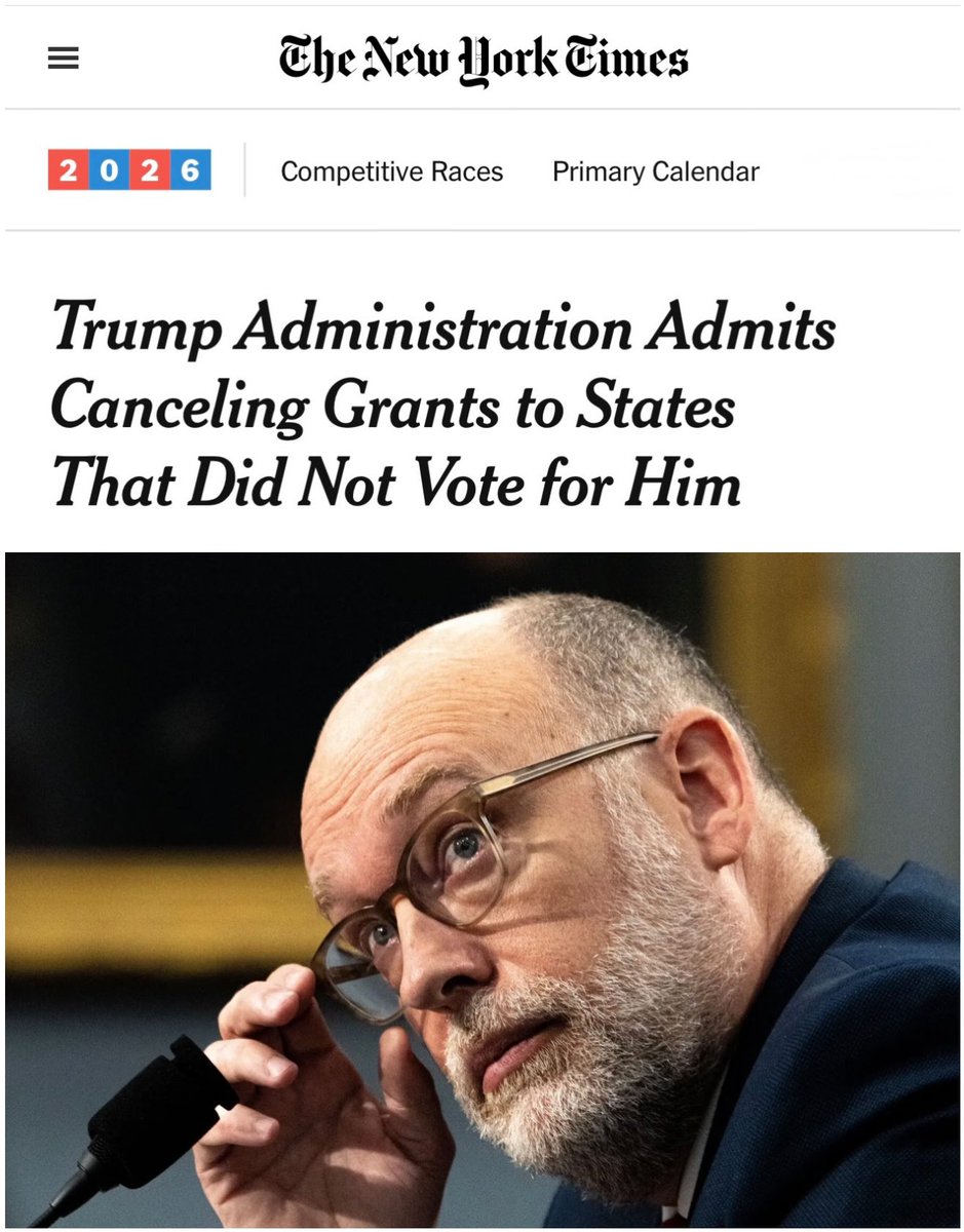 rshereme's tweet photo. This is unbelievable.

In June, the Energy Secretary told a congressional committee: “We did not involve politics in the decision-making of our review process. Hands down.”

Last week, his own department’s lawyers told a federal court the opposite.

The numbers:

DOE flagged more than 600 grants for possible termination. They were spread across red states and blue states alike.

The White House budget office canceled 284 of them.

283 were in states that voted for Kamala Harris.
Roughly 340 comparable grants in Trump-voting states were left in place.

In a July filing, DOE’s attorney conceded the terminations were not based on “any programmatic, statutory, cost-reduction or performance-based factor.” The stated criterion was the political identity of the recipient’s state.
Not merit. Not performance. Not cost. The geography of the vote.

I’m an economist. I study incentives for a living, and here is the incentive this creates: if the federal government funds your work, your survival now depends on your ZIP code’s voting record.

A federal judge has already ruled this unconstitutional – twice – as a violation of equal protection.

Today it’s clean energy. But the logic doesn’t stay in one sector. Once “did your state vote for us” becomes an allocation rule, it works just as well for cancer trials, agricultural research, defense labs, and any university whose findings prove inconvenient.

I don’t care whether a lab sits in California, Texas, Florida, or Ohio. American science should compete on evidence and excellence. That standard built eighty years of American scientific dominance, and it’s worth more than any administration’s grievances.

This isn’t fiscal responsibility. It’s political retaliation.