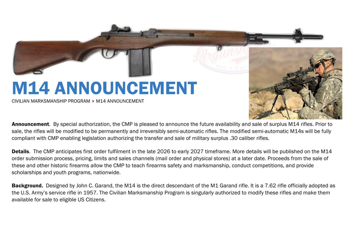 Mrgunsngear's tweet photo. Are y'all planning on buying a surplus M14 from the CMP?

#M14 #surplus #GWOT #vietnam #history #ebr https://t.co/uVrVPiU8RA