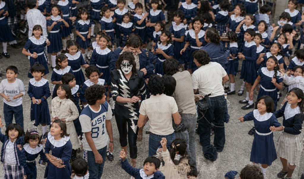 Cuauhtemoc_1521's tweet photo. 25 de septiembre de 1981.

En esta fotografía histórica se captura uno de los momentos más inesperados y humanos de la primera visita de KISS a México. En el centro, Gene Simmons (The Demon), con su maquillaje y el traje de la era The Elder, sonríe rodeado de decenas de niños del Orfanato La Asunción, en Atizapán de Zaragoza, Estado de México. A su lado, un hombre de traje claro y lentes de sol parece coordinar la escena.

Ese día, Gene Simmons, Paul Stanley, Ace Frehley y Eric Carr llegaron a México no para dar un concierto, sino para intentar limpiar la imagen que se habían ganado en el país. La prensa y buena parte de la sociedad los señalaban como “satánicos”, drogadictos y degenerados. La banda decidió entonces visitar el orfanato y convivir con cerca de 300 niños. Fue un gesto de relaciones públicas, sí, pero también un momento genuino: varios relatos de la época cuentan que el propio Gene Simmons no pudo contener las lágrimas.
Los retoques que realice con la IA