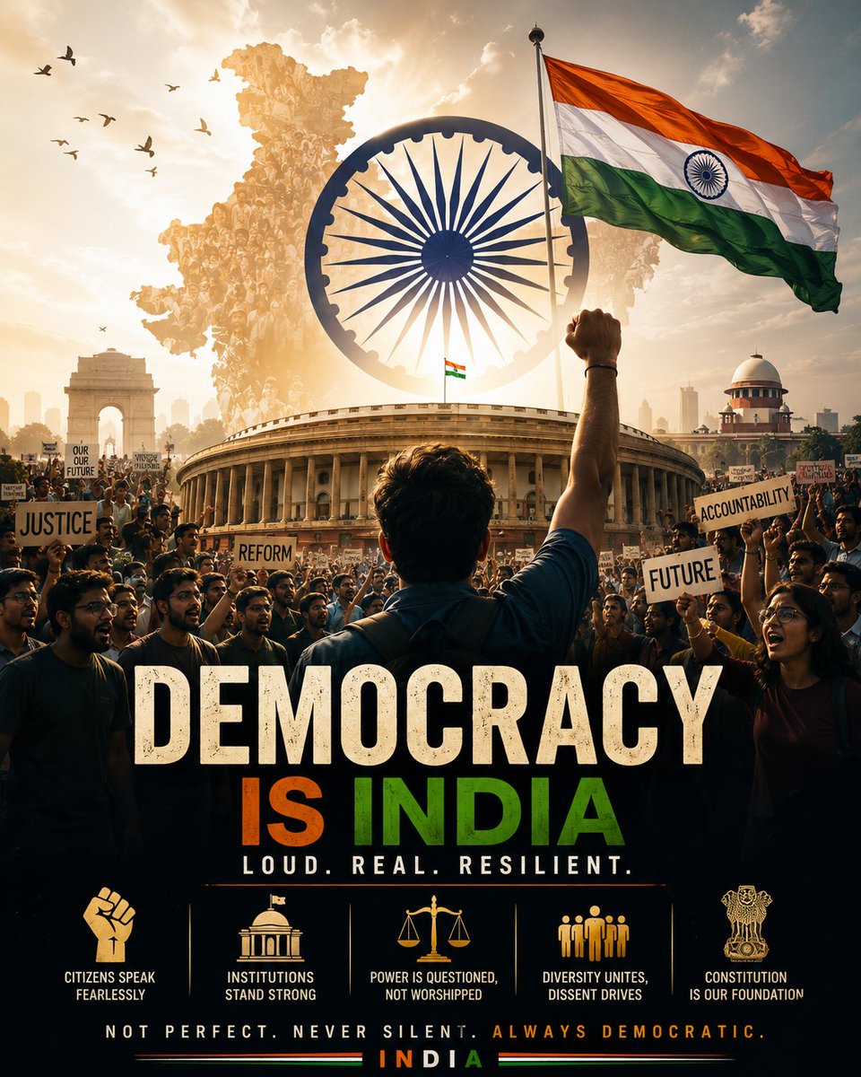 Cloudwatch199's tweet photo. The optics after these protests are massively positive for India.

The world saw citizens openly challenge the government.

It saw students mobilize, institutions respond, a minister take accountability and the system correct course ,without a coup, collapse or constitutional crisis.

That matters.

Because for years, sections of the Western media have casually thrown the word “fascist” at India whenever its politics did not fit their preferred narrative.

But fascist states do not tolerate mass dissent.

They do not allow protesters to force accountability.

They do not permit governments to retreat under public pressure.

India just showed the opposite.

A billion plus people argued, protested, demanded answers and democracy responded.

India is noisy.
India is imperfect.
India is fiercely argumentative.
But India is democratic.
And these protests did not weaken that image.

They proved it. 🇮🇳