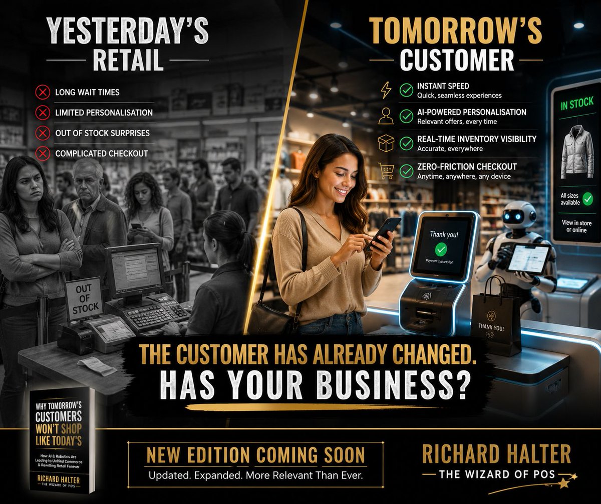 RichardHalter's tweet photo. Your customers have changed. The question is has your retail business? 
Today's customer doesn't compare you to the local store. They compare you to Amazon. Apple. Uber. Netflix. That's exactly why I've completely updated my book. Why Tomorrow's Customers Won't Shop Like Today's https://t.co/BEKq5cimk1
