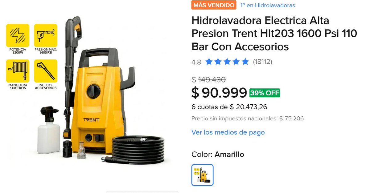 AhorrandoconRob's tweet photo. ¡39% OFF EN LA HIDROLAVADORA N.º 1 EN VENTAS!
Hidrolavadora Eléctrica Trent HLT203 1600 PSI.
💸 Antes $149.430.
🔥 Ahora $90.999.
💰 Ahorrás $58.431.
⭐ 4,8/5 con más de 18.000 opiniones.
👇 Link
https://t.co/j9NF48uJfv https://t.co/Y3tRt4h0aw