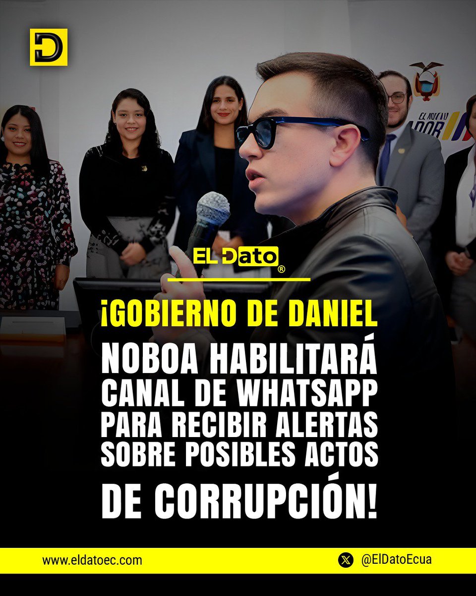 ElDatoEcua's tweet photo. #Urgente ¡GOBIERNO DE DANIEL NOBOA HABILITARÁ CANAL DE WHATSAPP PARA RECIBIR ALERTAS SOBRE POSIBLES ACTOS DE CORRUPCIÓN!

A partir de agosto de 2026, el Gobierno Nacional pondrá en funcionamiento un canal de WhatsApp para que la ciudadanía pueda reportar de forma rápida y confidencial posibles casos de corrupción e irregularidades en la gestión pública.

La herramienta será implementada gracias a un convenio entre el Sercop y la Secretaría General de Integridad Pública, con el objetivo de recibir, registrar y dar seguimiento a las alertas ciudadanas, que luego serán remitidas a las instituciones competentes para su investigación.

Las autoridades señalaron que esta iniciativa busca fortalecer la transparencia, mejorar el control de la gestión pública e incentivar la participación ciudadana en la prevención de actos de corrupción.

@ElDatoEcua👈

#ElDato #Ecuador #Gobierno