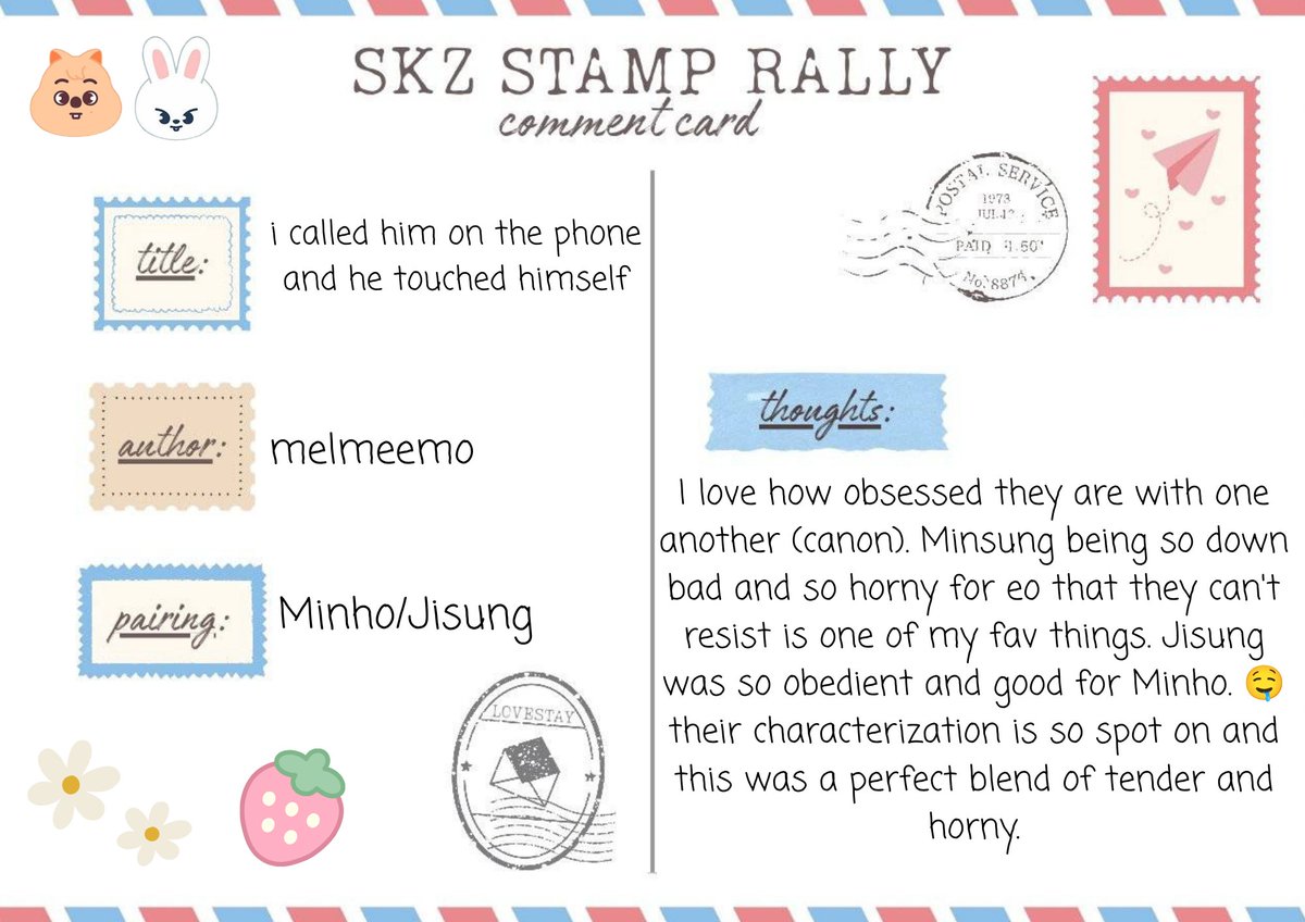 weirdquoki's tweet photo. My fourth read was "i called him on the phone and he touched himself" by melmeemo
https://t.co/1feCUDg72K

@skzstamprally 🩷 https://t.co/a4cBxuvyrt