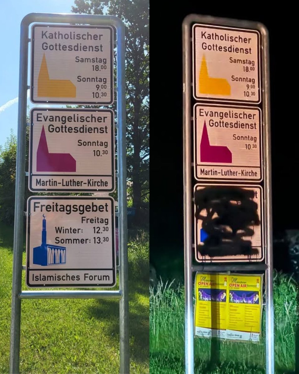 Tarek_Bae's tweet photo. Nur vier Tage lang hing das Schild der Moschee erst. Und schon wurde es beschmiert.

Es ist wie Goethe es sagte: „Auf den untersten Stufen der Kultur werden Sie [den Nationalhass] immer am stärksten und heftigsten finden.“

Insbesondere AfD-Anhänger reagierten mit Hass auf die ganz normale Sichtbarkeit deutscher Muslime. 

„Ich weiß, wer in dieser Diskussion auf der radikalen Seite steht: Und das ist nicht die islamische Gemeinde oder der Islam“, reagierte Penzbergs Bürgermeister Thomas Kopf.

Es war ein Zeichen der Normalität. In der bayerischen Stadt Penzberg zieren Hinweise zu drei Gottesdiensten die Straße. Lange hingen nur die Schilder des katholischen und des evangelischen Gottesdienstes.

Bürgermeister Thomas Kopf, der katholische Pfarrer Bernhard Holz und der evangelische Pfarrer Julian Lademann brachten das Schild zum muslimischen Gottedienst gemeinsam feierlich mit dem Imam Benjamin Idriz an.

 Die Kosten und die Pflege der Schilder übernehmen die jeweiligen Religionsgemeinden selbst. Ein Anblick, der in vielen Orten Deutschlands recht normal ist. Es ist das erste mal, dass auch eine Moschee ausschildert.

Reaktionen auf die neue Tafel seien in Penzberg bisher durchweg positiv, so der Imam der Penzberger Moschee, Benjamin Idriz. Das neue Hinweisschild werde als sichtbares Zeichen gegenseitiger Wertschätzung und des respektvollen Zusammenlebens verstanden.

„Zugleich unterstreicht es die Offenheit unserer Gemeinde: Das Freitagsgebet und die Predigt finden in deutscher Sprache statt und stehen allen Interessierten offen – Muslimen ebenso wie Nichtmuslimen.“

Anders sei das Echo teilweise in Sozialen Medien. „Dort gibt es neben zahlreichen positiven Rückmeldungen und viel Zuspruch leider auch viele hasserfüllte und muslimenfeindliche Kommentare“, sagte Idriz.

Im Netz machten Islamhasser Stimmung: Ein radikalisierter Mob ohne Argumente oder Achtung der Grundfreiheiten.

Seit 1960 erlaubt das Bundesinnenministerium katholischen und evangelischen Gemeinden das Aufstellen der Hinweistafeln an Ortseingängen. 2008 weitete das Bundesverkehrsministerium die Erlaubnis auf alle Religionsgemeinschaften aus. Im Rahmen der Gleichberechtigung und Religionsfreiheit.