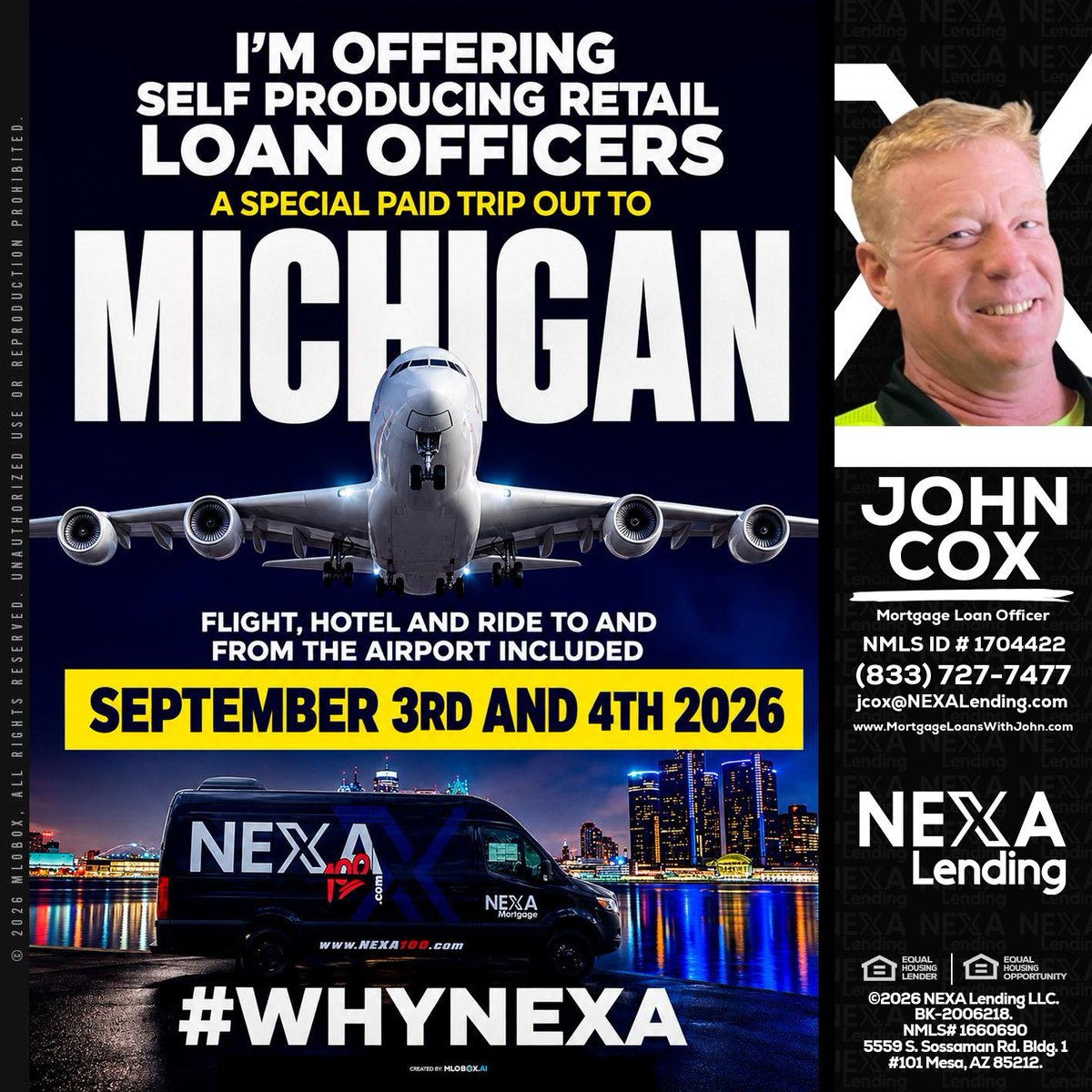 JohnCoxMLOse's tweet photo. Exciting opportunity for self-producing retail loan officers! Join us in Michigan for a special paid trip! ๐ซโจ All expenses covered. Donโt miss out! #WhyNexa #LoanOfficers #Michigan2026
๐ง jcox@nexalending.com
๐ 8337277477 https://t.co/sKz3Z4XxrT