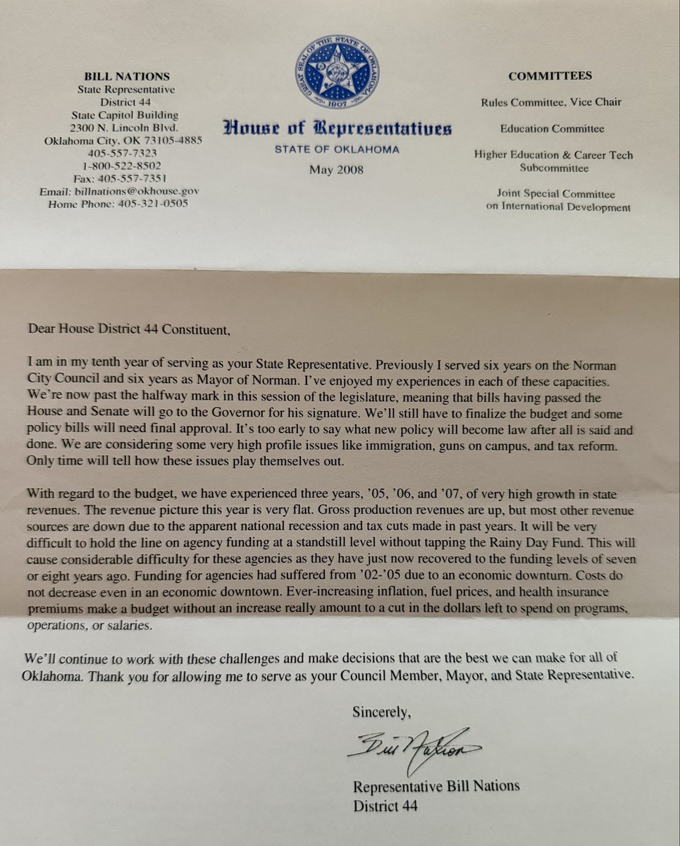 ThriceSavage's tweet photo. Found a May 2008 letter from then-#okleg Rep. Bill Nations (RIP).
Nearly 20 years later, I reckon member messages to constituents next May will be similar and mention "#immigration, #guns on campus and #TaxReform."
"Only time will tell how these issues play themselves out." π«€ https://t.co/y9iTR28YD3
