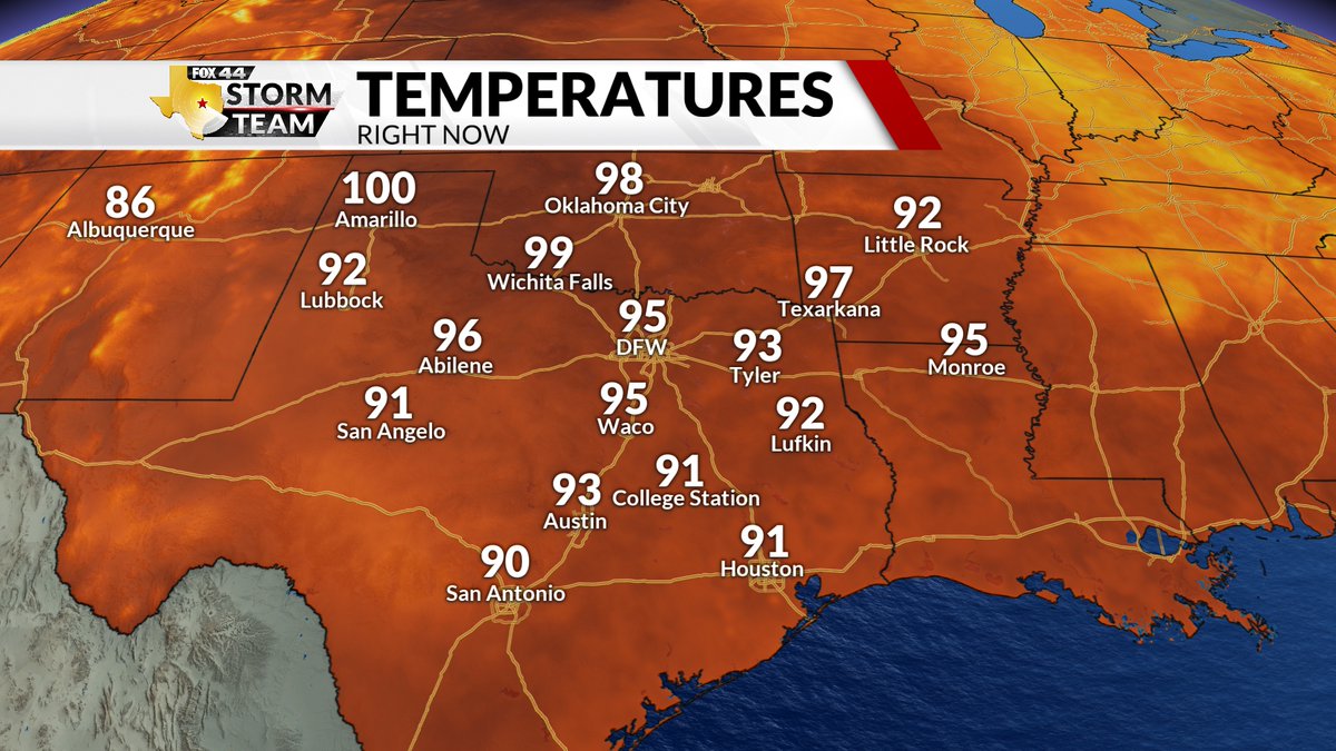 ZColonWx's tweet photo. Another scorcher across Texas today! Highs will climb into the 90s statewide, with some areas topping 100°. The heat isn't going anywhere over the next few days, so limit time outdoors, drink plenty of water, and stay hydrated if you're out in the sun.
#FOX44WX https://t.co/bl4aINNsch