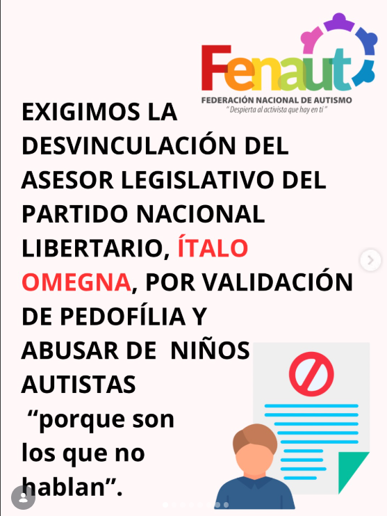 PiensaPrensa's tweet photo. Federación Nacional de Autismo, FENAUT, (@fenaut.chile) expresa el absoluto RECHAZO a las declaraciones realizadas por Ítalo Omegna, (@italo.omegna [IG]) actual asesor legislativo del Partido Nacional Libertario, luego de la difusión de un video en el que, en tono de broma, señala cómo acercarse a través de dulces a “niños autistas que son los que no hablan”.
COMUNICADO | No existe contexto, humor ni excusa posible para normalizar o trivializar expresiones que vinculan a niños autistas con situaciones de abuso o explotación sexual. Este tipo de discursos perpetúa estigmas profundamente dañinos y contribuye a la deshumanización de una población que ya enfrenta mayores riesgos de violencia, abuso y vulneración de derechos.

Las niñas, niños y adolescentes autistas tienen derecho a vivir libres de violencia, discriminación y cualquier forma de explotación. 

Utilizar su condición para hacer referencia a conductas asociadas a la pedofilia o al abuso sexual resulta inaceptable y revictimiza a miles de familias.

Quien ejerce funciones de asesoría legislativa debe mantener un estándar ético acorde con la responsabilidad pública que desempeña. Las palabras importan, especialmente cuando provienen de personas vinculadas a espacios de decisión política.

Por ello, desde FENAUT exigimos la inmediata renuncia de Ítalo Omegna @italo.omegna a su cargo de asesor legislativo y solicitamos al Partido Nacional Libertario @pnl_chile @joukaiser que adopte una postura clara, condenando estas declaraciones y asumiendo la responsabilidad que corresponde frente a hechos de esta gravedad.

Como sociedad no podemos seguir relativizando discursos que banalizan el abuso sexual infantil ni aquellos que utilizan a las personas autistas como objeto de burla o como parte de narrativas que legitiman la violencia.

La protección de la infancia y el respeto irrestricto a la dignidad de las personas autistas no admiten dobles discursos.