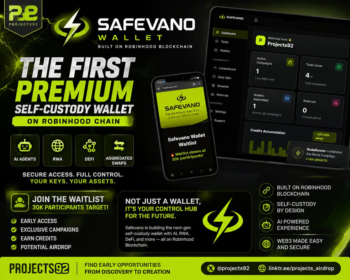 Projects92's tweet photo. 🚀 Early Opportunity: Safevano Wallet

Built on Robinhood Chain with AI, RWA, DeFi &amp; self-custody.

✅ Join waitlist
✅ Complete tasks
✅ Earn Credits

Worth watching if you're looking for early Web3 projects.

🔗 https://t.co/T48o4BSqBT

DYOR.

 #Web3 #Airdrop #Projects92 https://t.co/ACFGOg07zK