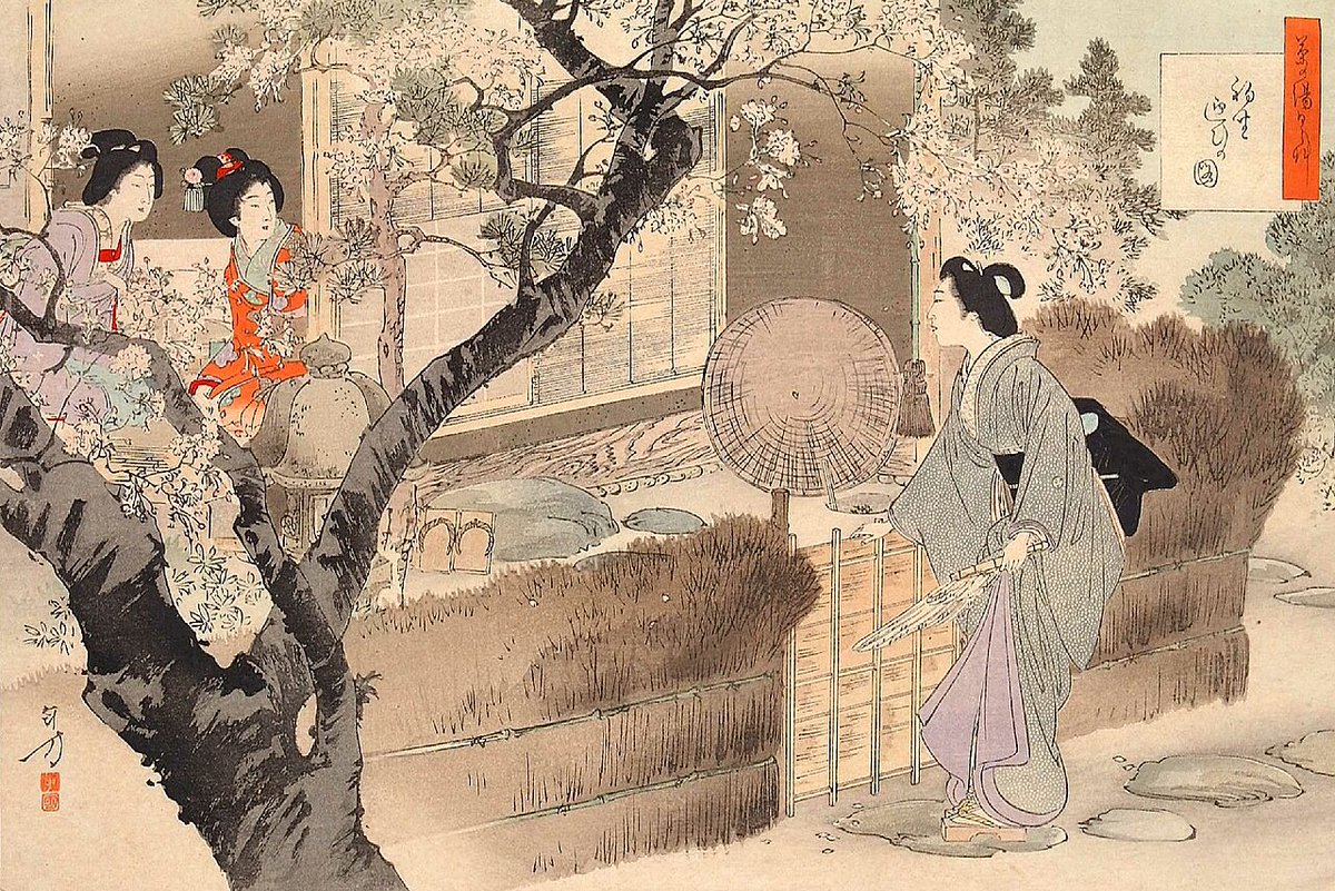 JapanTraCul's tweet photo. Calling for guests to come and sit in the tea room, from A Tea Ceremony Periwinkle, by Mizuno Toshikata, 1896 https://t.co/NYNC3CCUp9