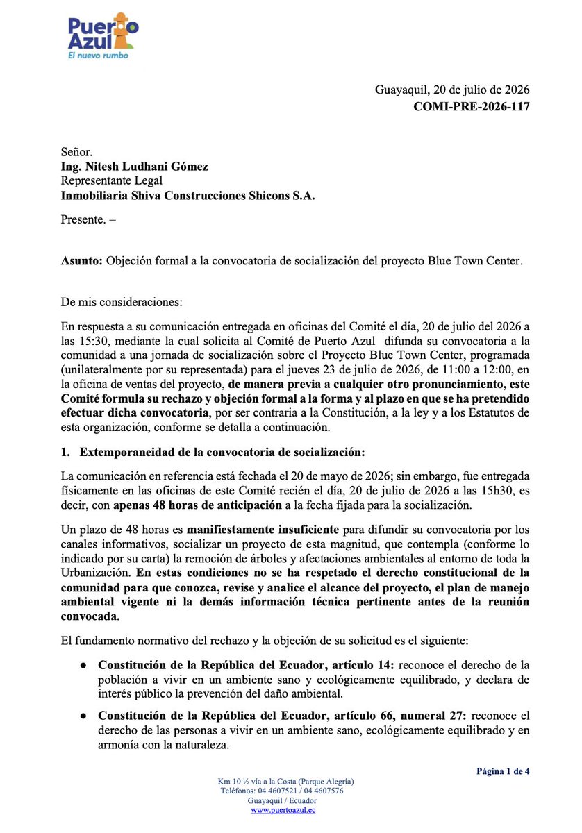 PuertoAzulec's tweet photo. #ALERTA #URGENTE – Puerto Azul se defiende!

El Comité de Puerto Azul rechazo de forma categórica la socialización ilegal e ilegitima que Inmobiliaria Shiva Construcciones (Blue Town Center) pretendió imponer con apenas 48 horas de aviso.

Entregaron la convocatoria el 20 de julio a las 15:30 para una reunión el 23 de julio a las 11 am.

Un megaproyecto que contempla remoción de árboles y afectaciones ambientales no se “socializa” así.
Esto viola: 
• Constitución (arts. 14, 66.27, 395.3 y 398) 
• Código Orgánico del Ambiente 
 • Estatutos internos de la ciudadela

Por eso el Comité declaró nula cualquier reunión celebrada en esas condiciones y convocó a Asamblea Extraordinaria. 

Exigimos mínimo 10 días hábiles + entrega completa del plan de manejo ambiental y autorizaciones de tala.

La participación informada no es un favor del promotor. Es un derecho constitucional de TODOS los residentes

Autoridades de Guayaquil @tatianacoronel @alcaldiagye , del Ministerio del Ambiente  @EcuadorMAE y Prefectura del Guayas @PrefGuayas @EncaladaVCarlos quien tiene la competencia ambiental, ¿Van a seguir permitiendo que se atropellen los derechos de una comunidad completa?
Comparte. Exige. No dejemos que Blue Town Center pase por encima de Puerto Azul.

@ladataec @lahoraecuador @lahistoriaec @ViaLaCostaLucha @Vialacostagye @InfoViaLaCosta 
#NoAlBlueTownCenter #PuertoAzulSeDefiende #AmbienteSano #Guayaquil #DerechosAmbientales