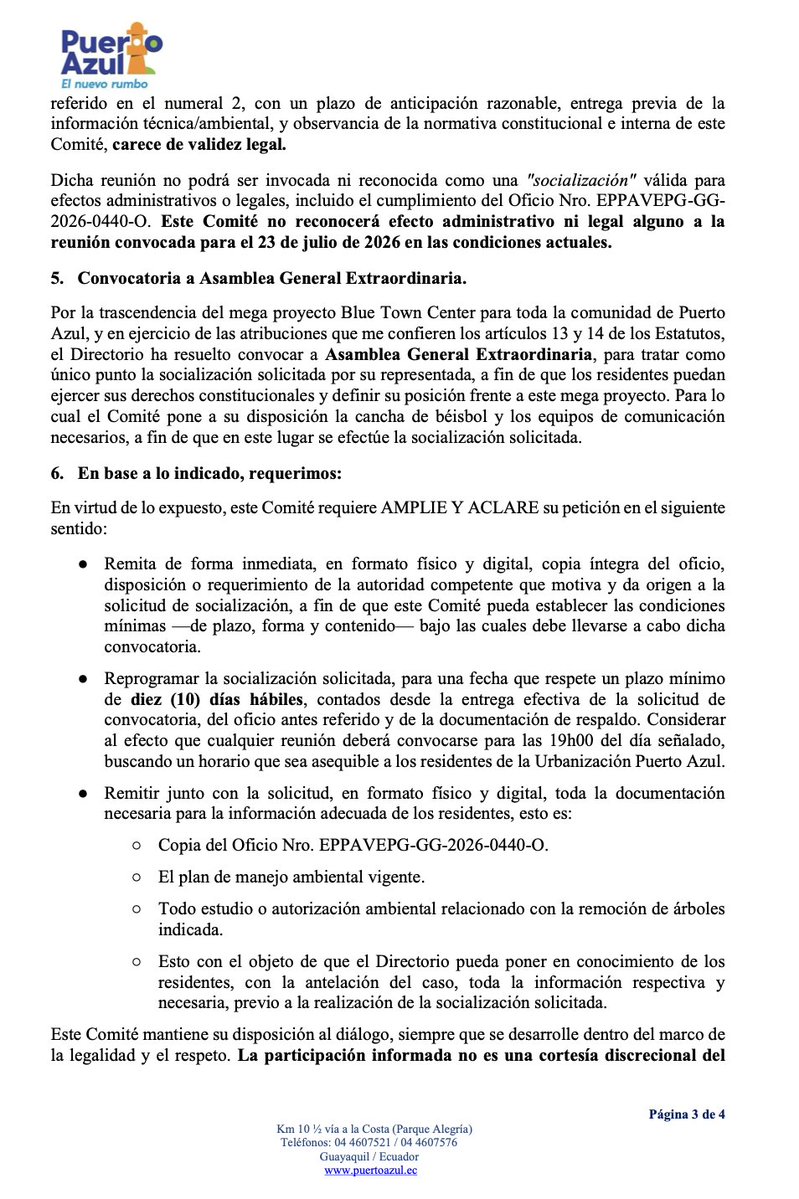 PuertoAzulec's tweet photo. #ALERTA #URGENTE – Puerto Azul se defiende!

El Comité de Puerto Azul rechazo de forma categórica la socialización ilegal e ilegitima que Inmobiliaria Shiva Construcciones (Blue Town Center) pretendió imponer con apenas 48 horas de aviso.

Entregaron la convocatoria el 20 de julio a las 15:30 para una reunión el 23 de julio a las 11 am.

Un megaproyecto que contempla remoción de árboles y afectaciones ambientales no se “socializa” así.
Esto viola: 
• Constitución (arts. 14, 66.27, 395.3 y 398) 
• Código Orgánico del Ambiente 
 • Estatutos internos de la ciudadela

Por eso el Comité declaró nula cualquier reunión celebrada en esas condiciones y convocó a Asamblea Extraordinaria. 

Exigimos mínimo 10 días hábiles + entrega completa del plan de manejo ambiental y autorizaciones de tala.

La participación informada no es un favor del promotor. Es un derecho constitucional de TODOS los residentes

Autoridades de Guayaquil @tatianacoronel @alcaldiagye , del Ministerio del Ambiente  @EcuadorMAE y Prefectura del Guayas @PrefGuayas @EncaladaVCarlos quien tiene la competencia ambiental, ¿Van a seguir permitiendo que se atropellen los derechos de una comunidad completa?
Comparte. Exige. No dejemos que Blue Town Center pase por encima de Puerto Azul.

@ladataec @lahoraecuador @lahistoriaec @ViaLaCostaLucha @Vialacostagye @InfoViaLaCosta 
#NoAlBlueTownCenter #PuertoAzulSeDefiende #AmbienteSano #Guayaquil #DerechosAmbientales